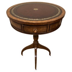 Beautiful Round Mahogany Side Table with Embossed Leather Top