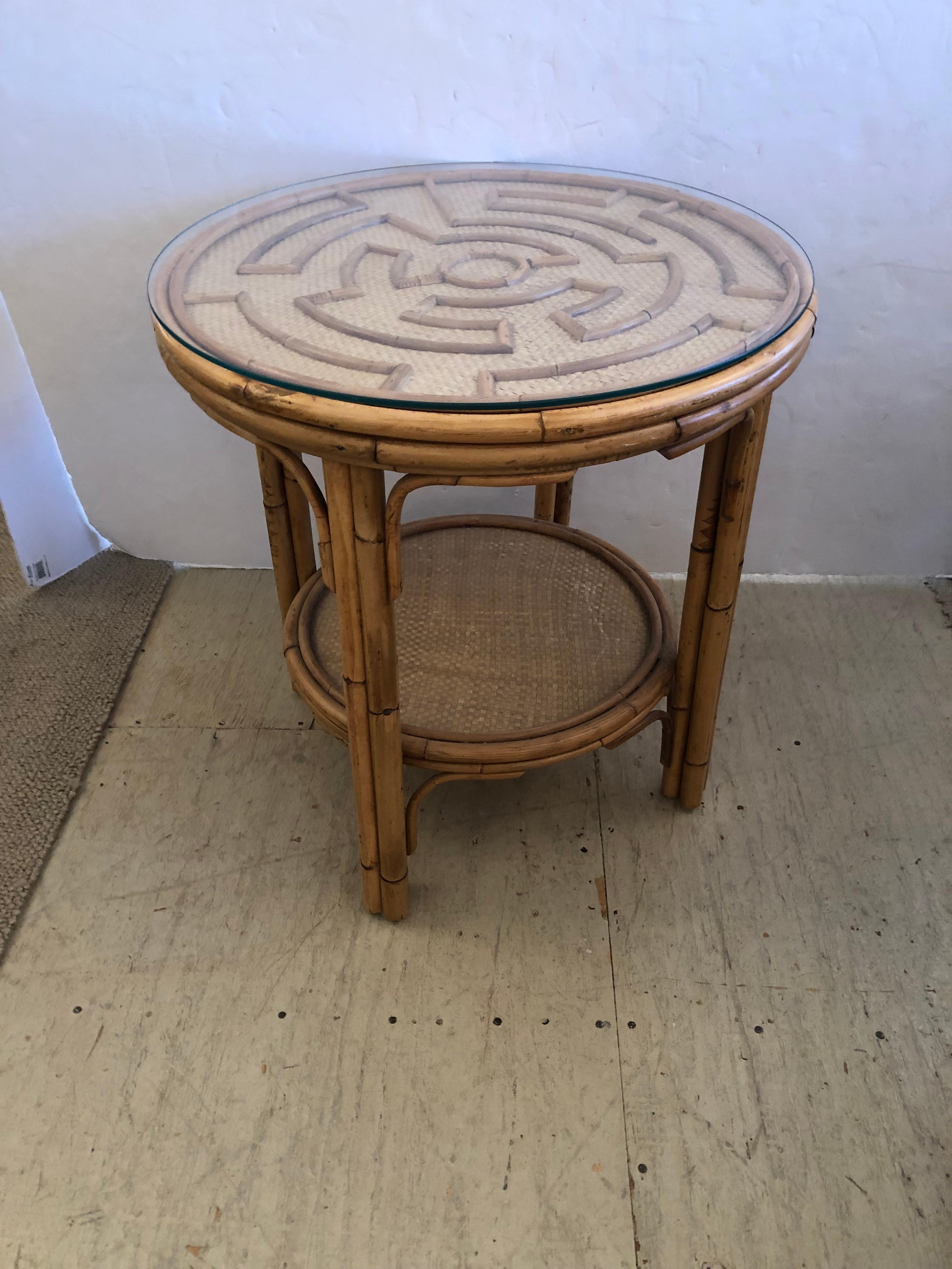 Late 20th Century Beautiful Round Rattan & Bamboo Side Table in the Style of McGuire For Sale