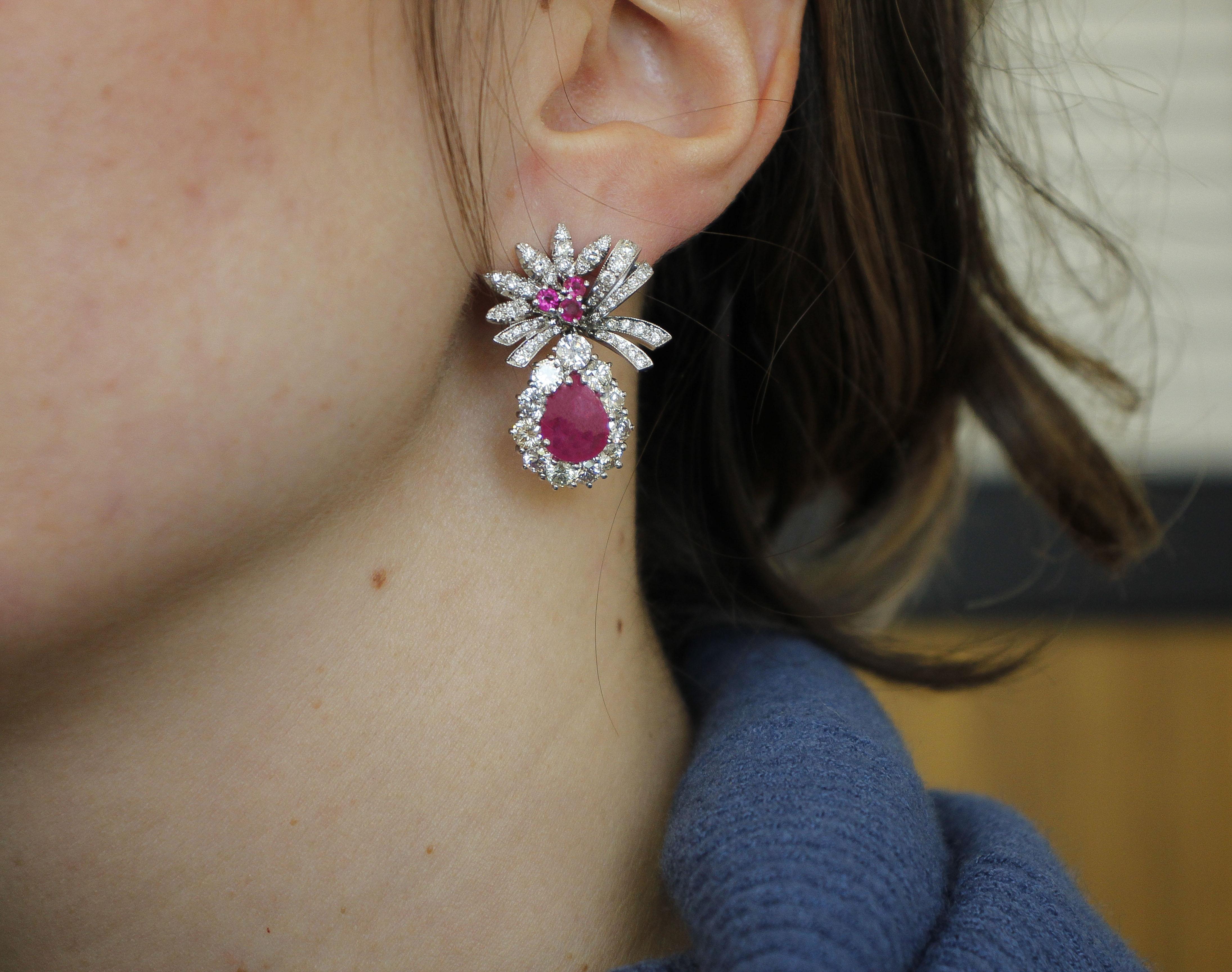 Beautiful Rubies and Diamonds, 18 Karat White Gold Ribbon Earrings For Sale 2