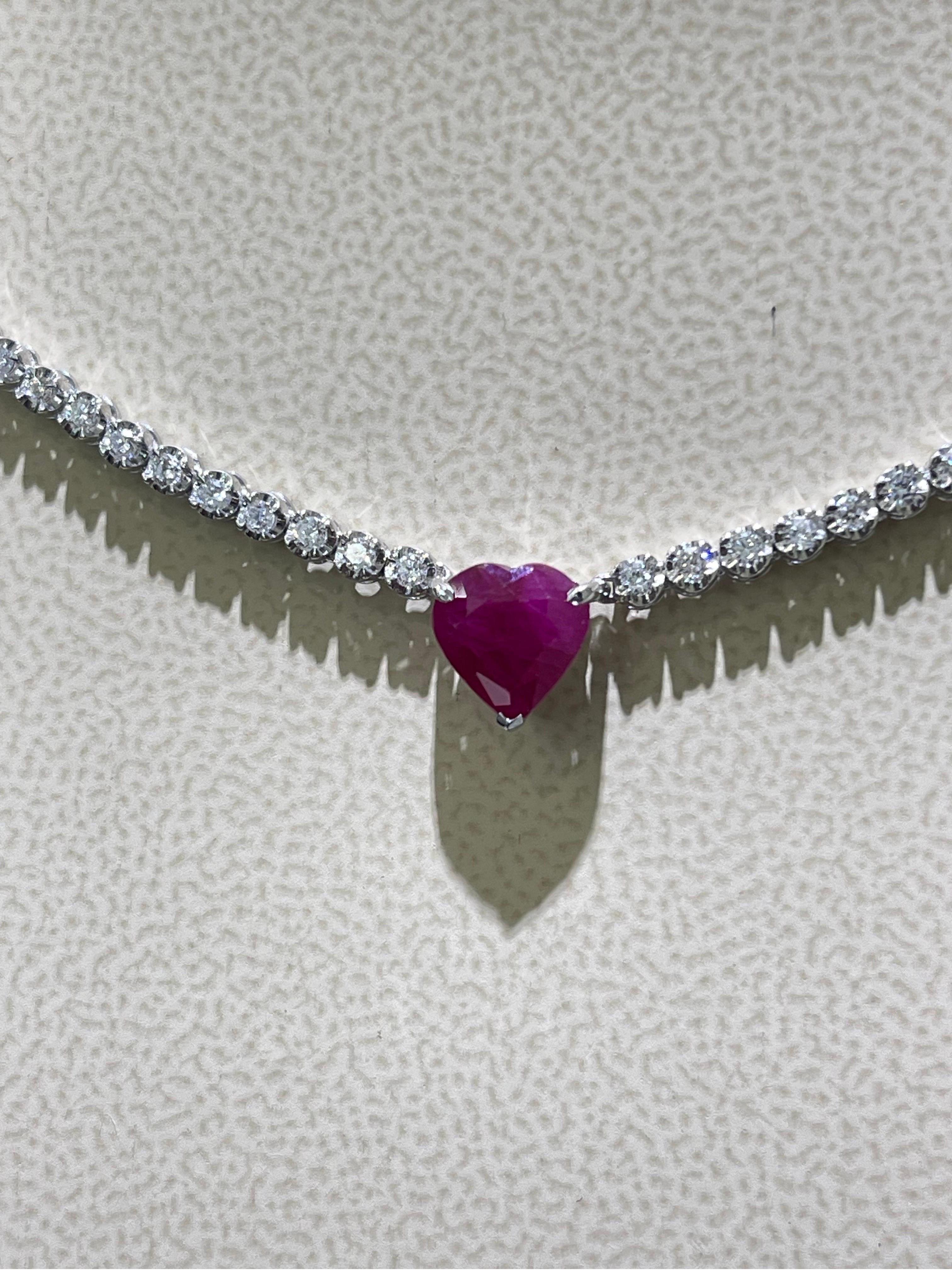 Heart Cut Beautiful Ruby And Diamond Necklace In 18k White Gold  For Sale