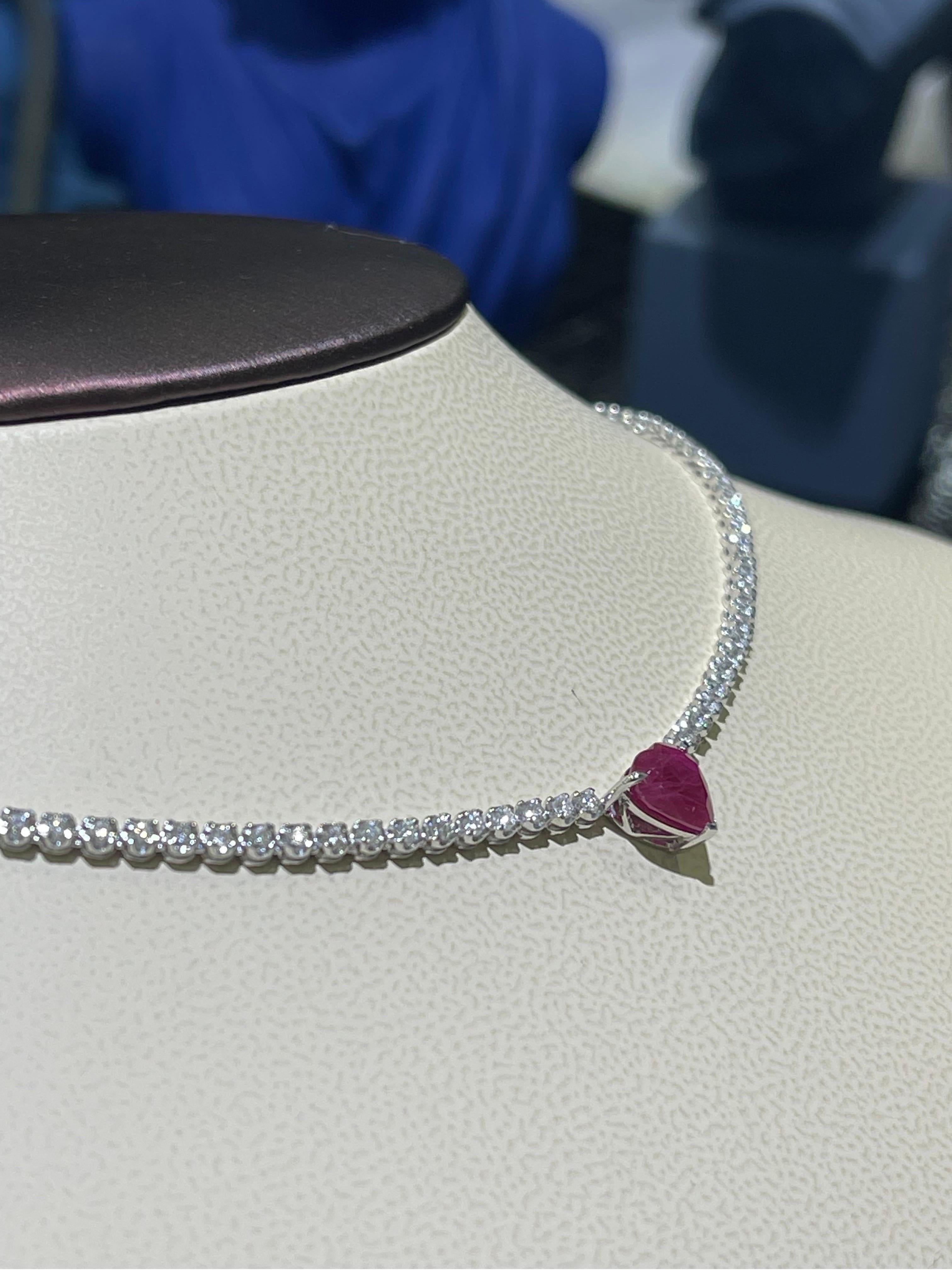 Women's Beautiful Ruby And Diamond Necklace In 18k White Gold  For Sale