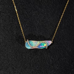Beautiful S Shaped Diamond Opal Fossil Shell Necklace 18K Yellow Gold