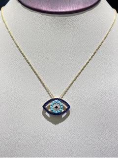 Beautiful Sapphire, Turquoise & Diamond Devil Eye Necklace In 14k