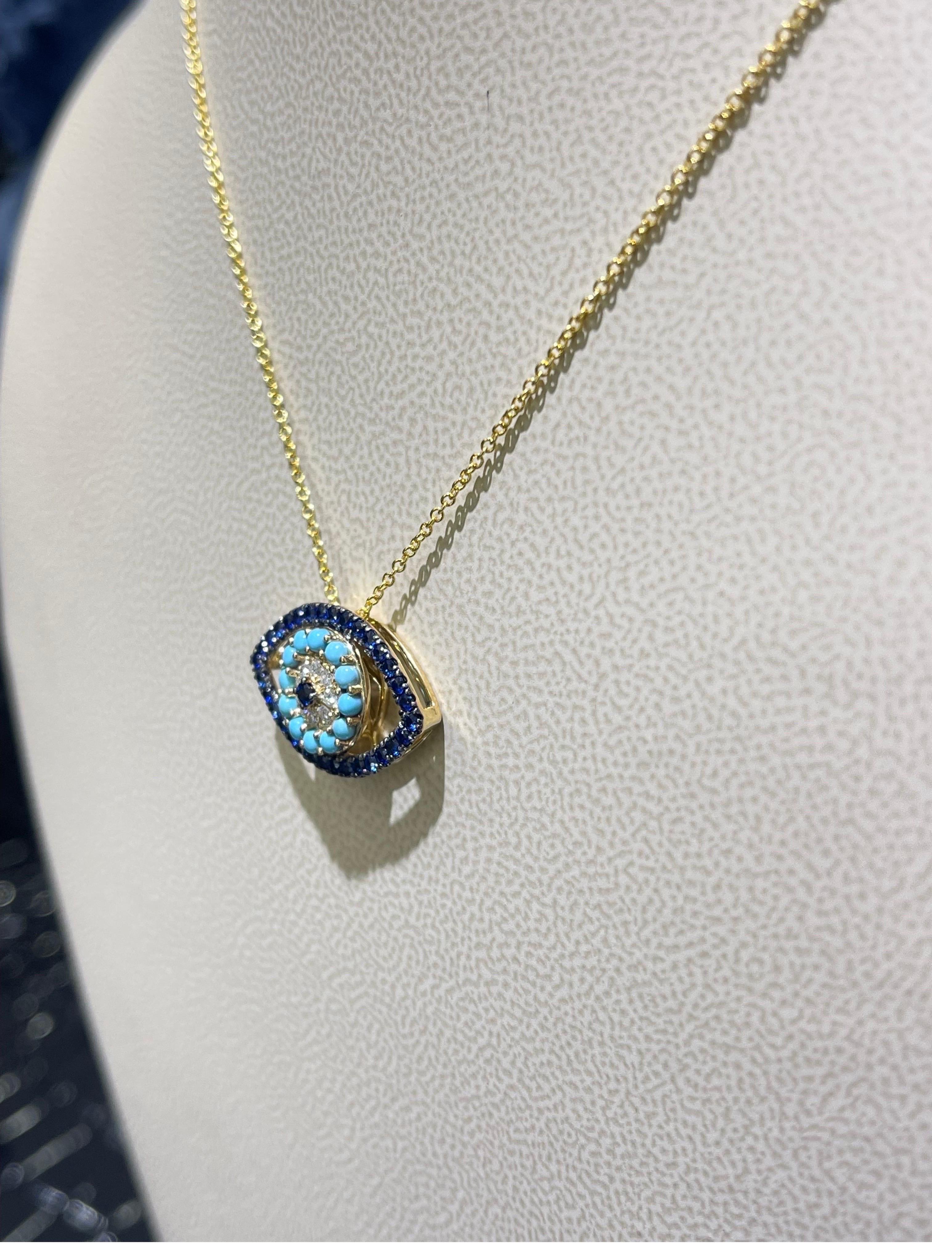 Moderne Magnifique collier œil du diable en saphir, turquoise et diamant en 14k en vente
