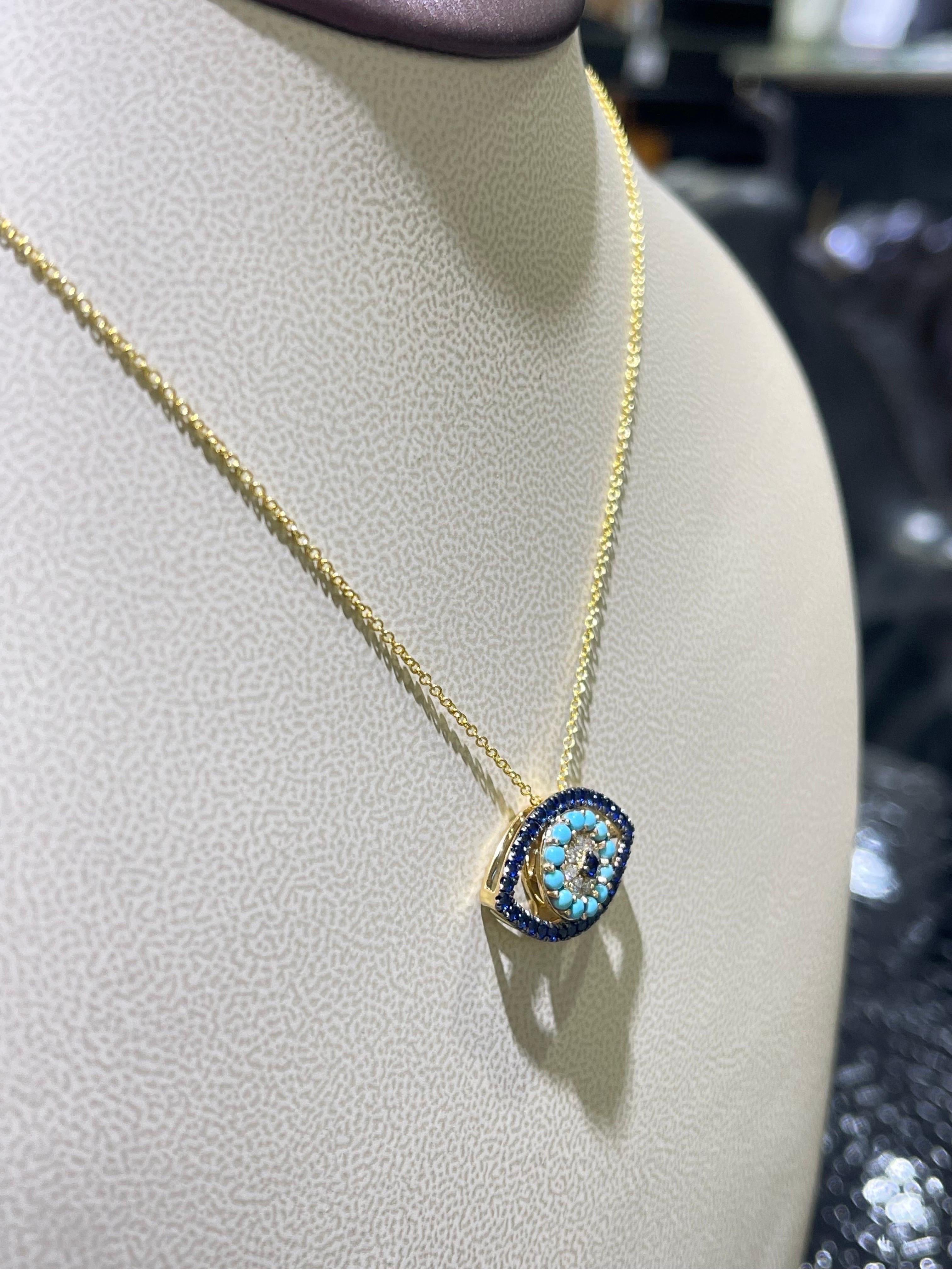 Taille ronde Magnifique collier œil du diable en saphir, turquoise et diamant en 14k en vente