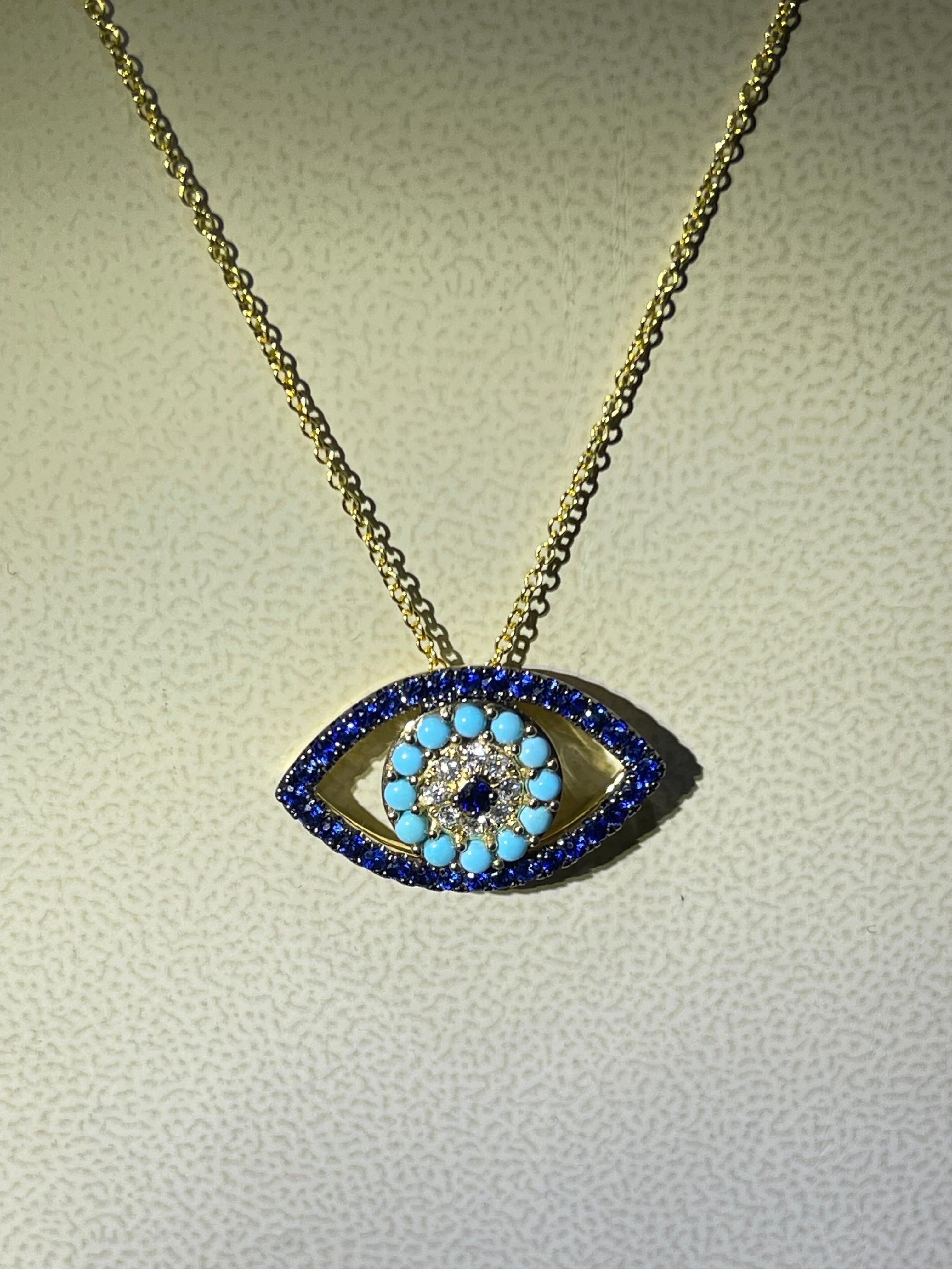 Magnifique collier œil du diable en saphir, turquoise et diamant en 14k Neuf - En vente à Fort Lauderdale, FL