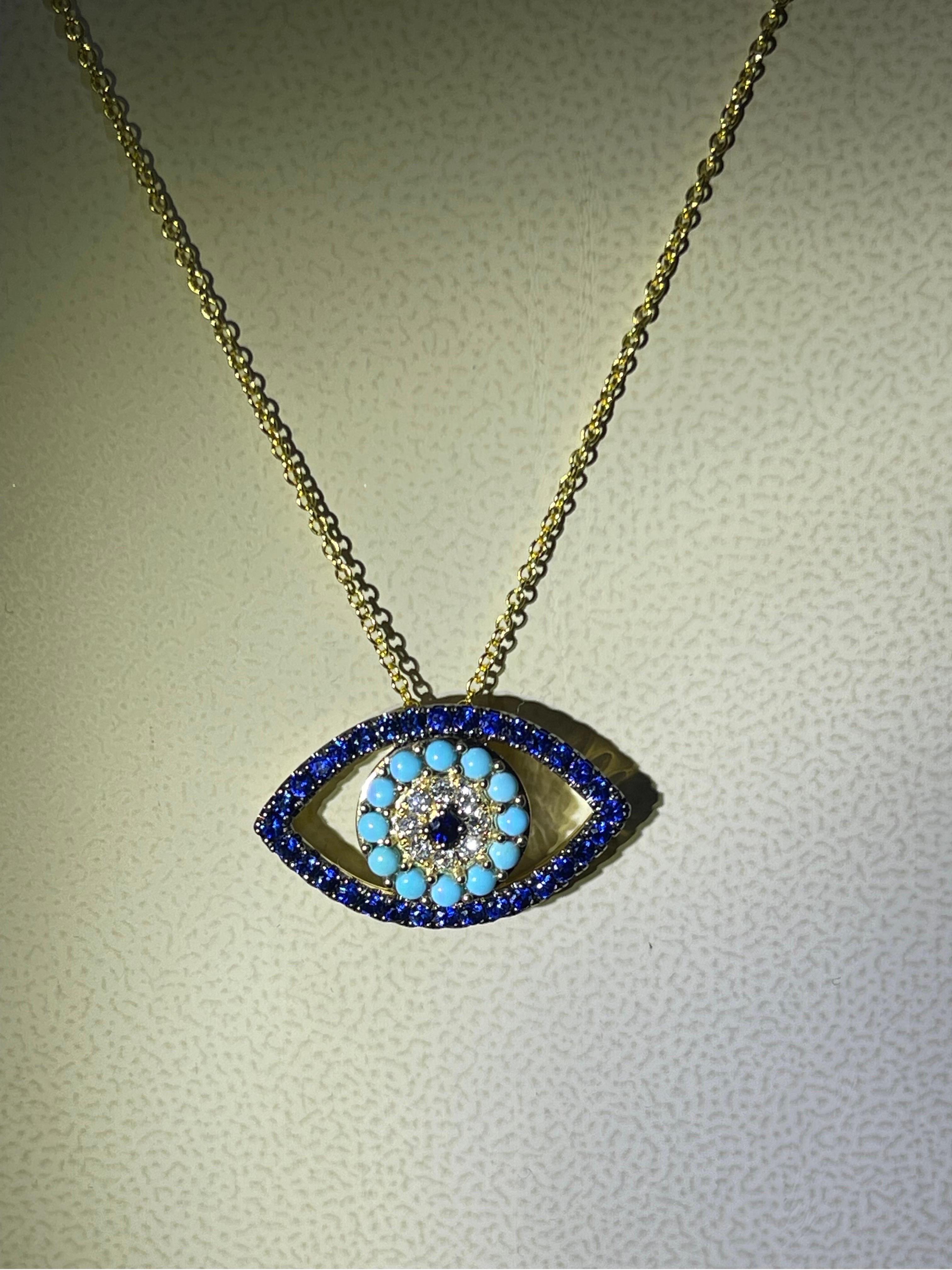Modern Beautiful Sapphire, Turquoise & Diamond Devil Eye Necklace In 14k For Sale
