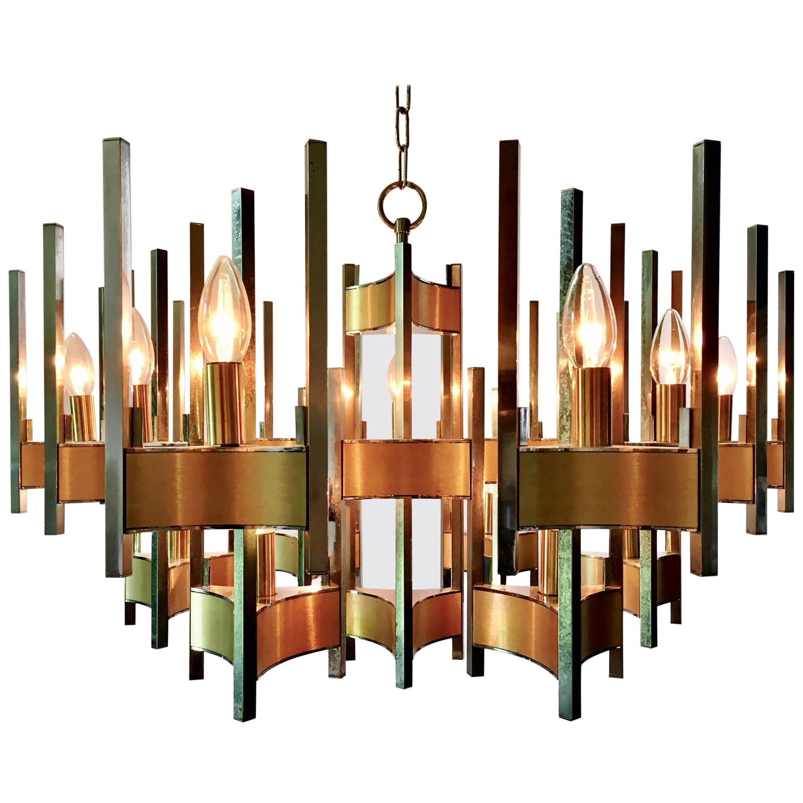Beautiful Sciolari Fifteen-Light Design Chandelier in Brass and Chrome