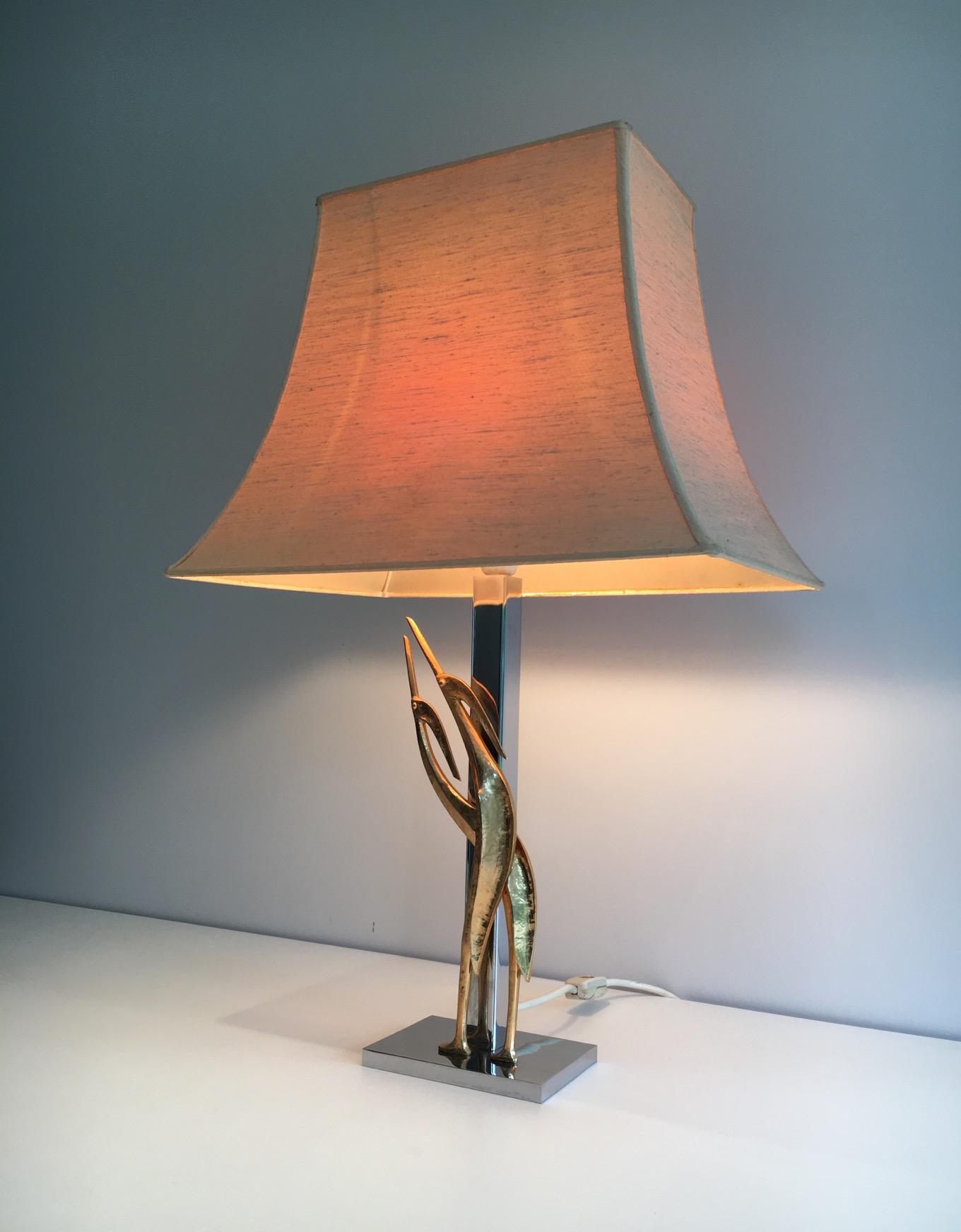 Beautiful Sculptural Lamp with Birds, Bronze and Chrome, circa 1970 For Sale 4