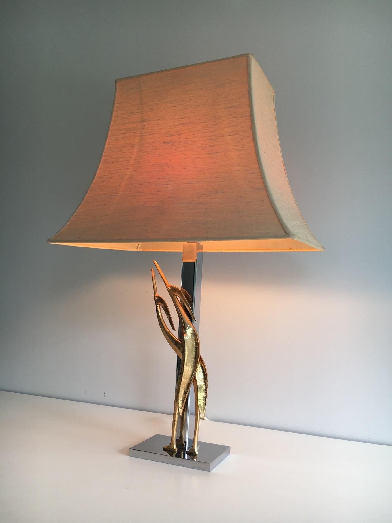 Mid-Century Modern Beautiful Sculptural Lamp with Birds, Bronze and Chrome, circa 1970 For Sale