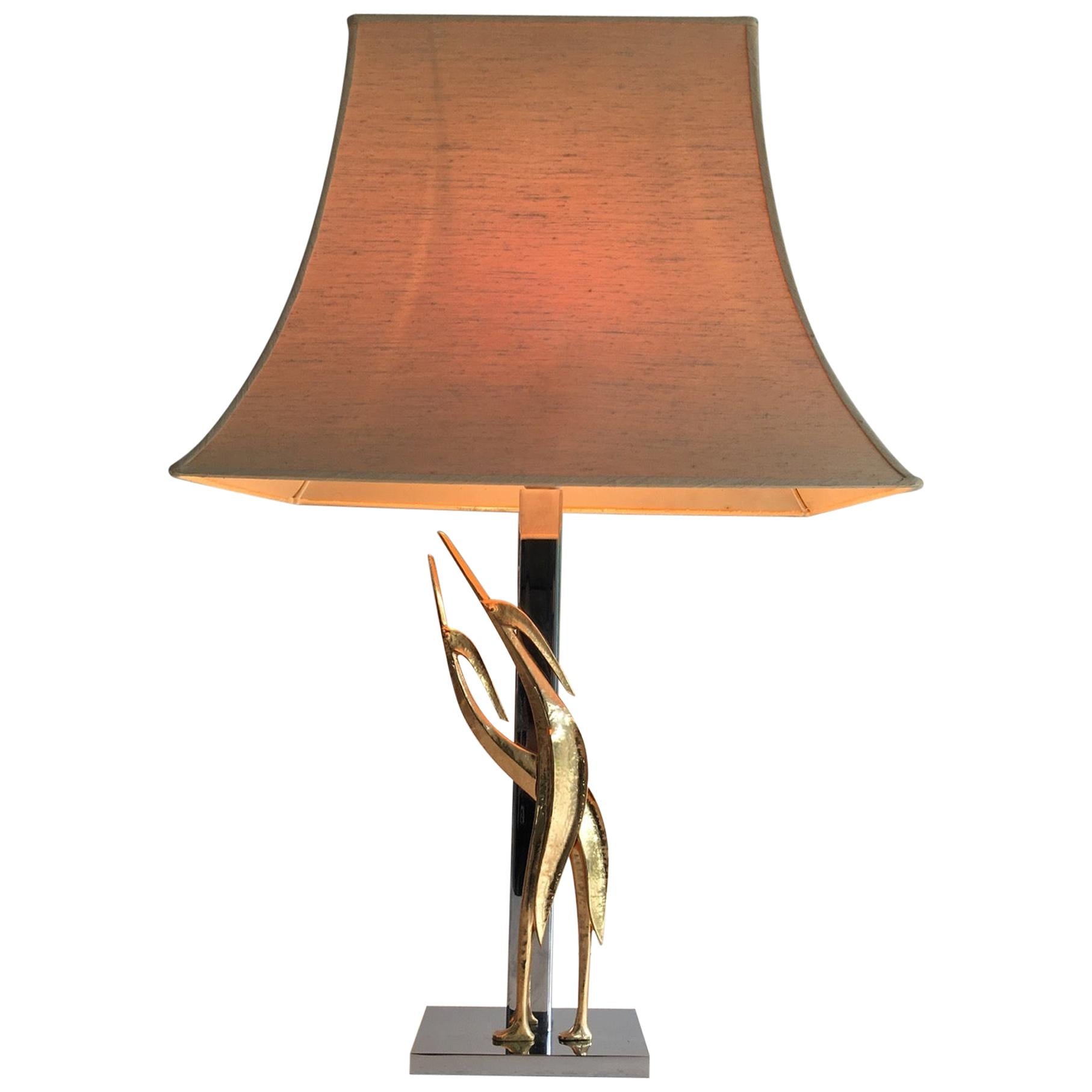Beautiful Sculptural Lamp with Birds, Bronze and Chrome, circa 1970 For Sale