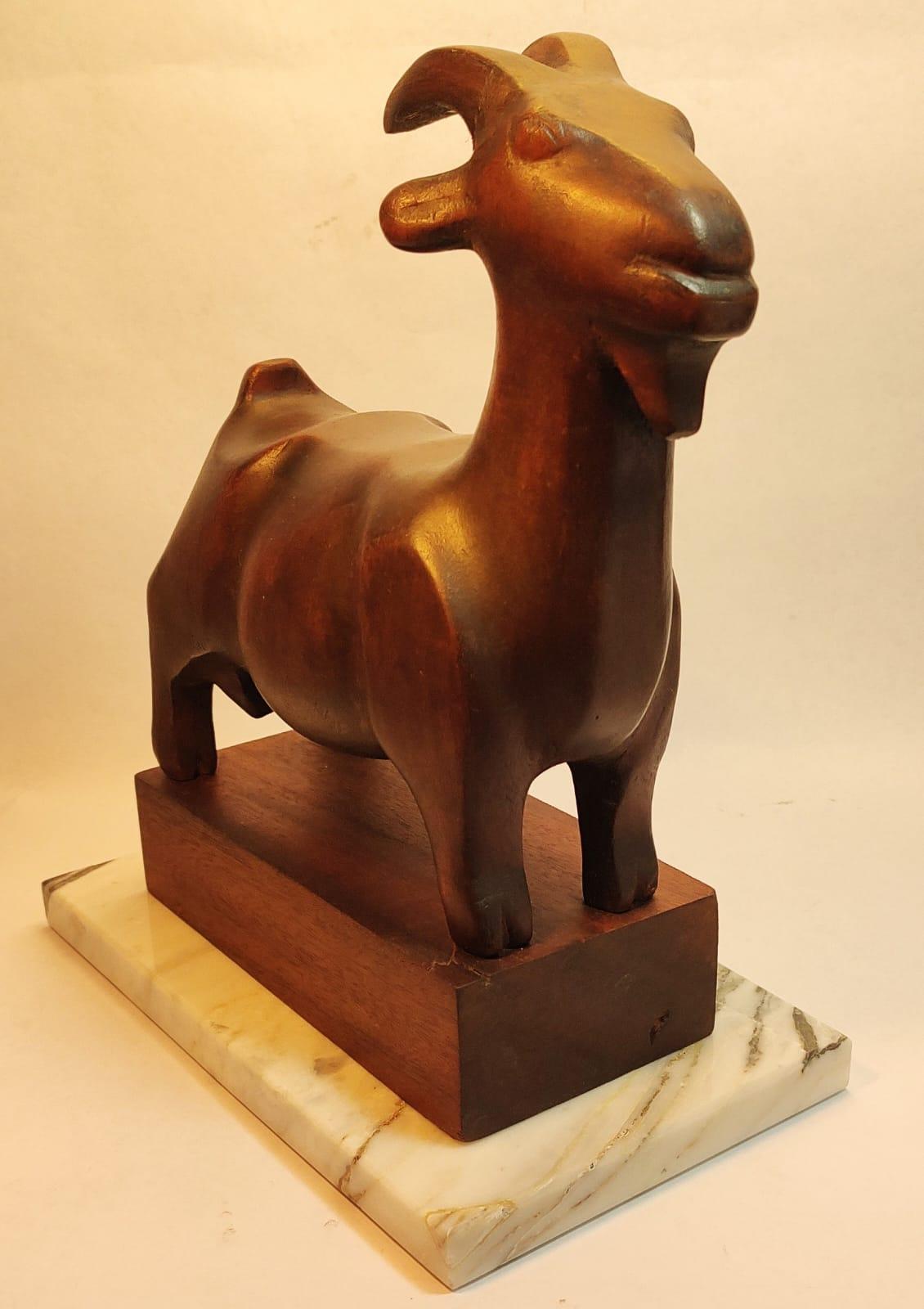 Folk Art Beautiful Sculpture of Goat carved in wood by Israeli Artist For Sale