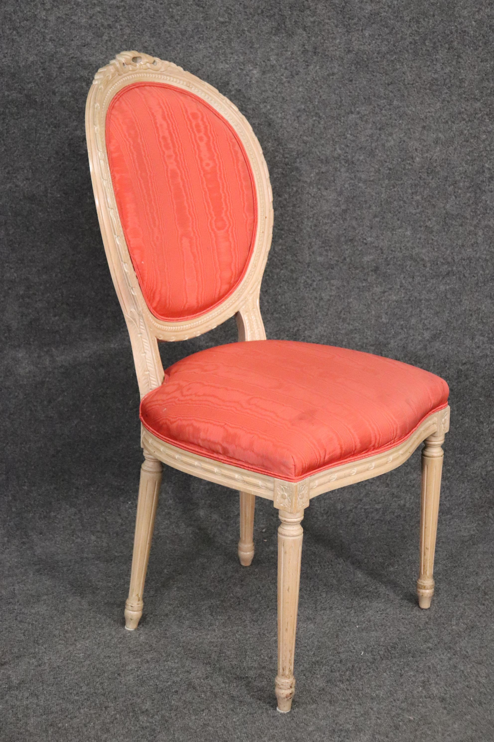 Mid-20th Century Beautiful Set 6 French Louis XVI Painted Moire Upholstered Dining Chairs 