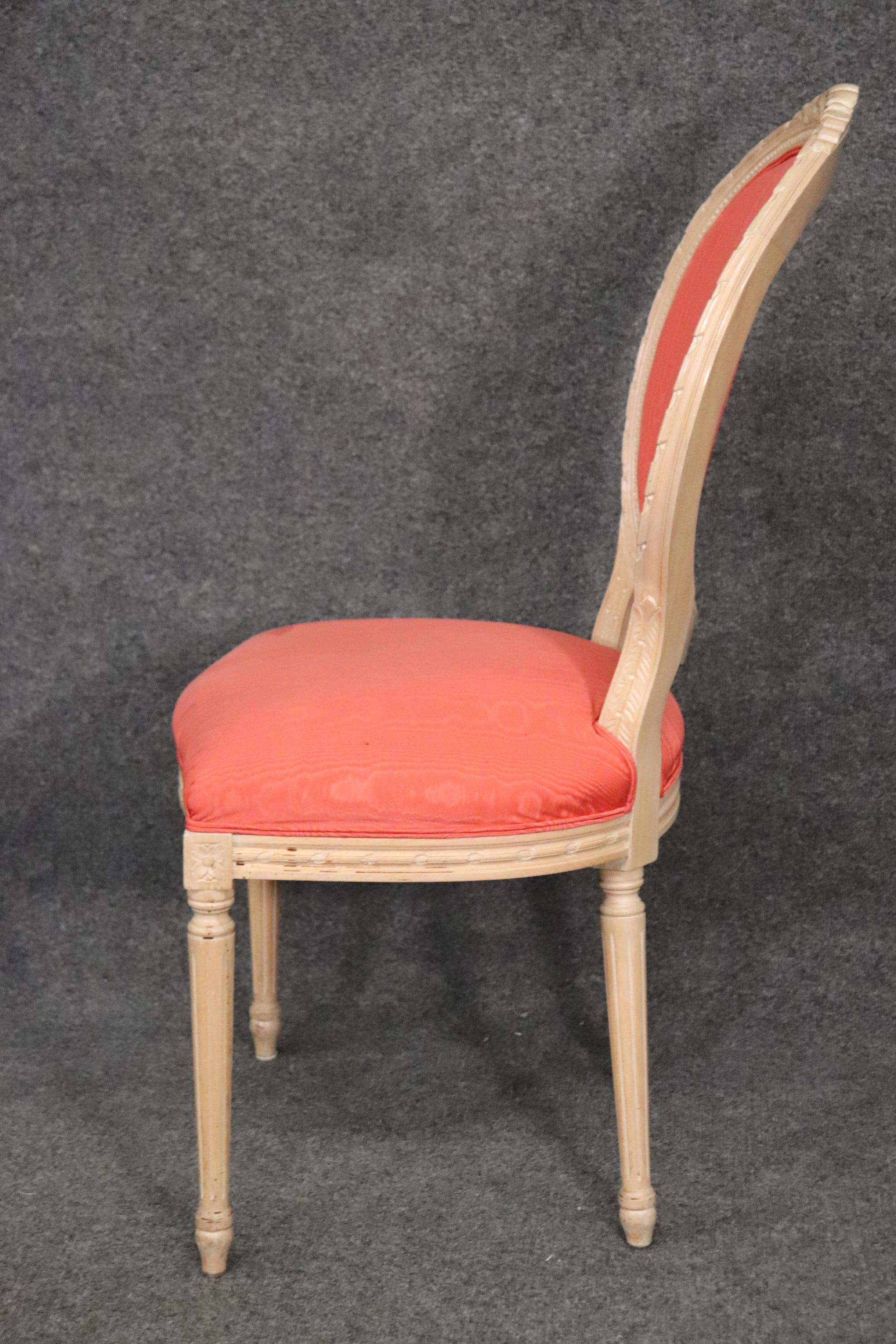 Beautiful Set 6 French Louis XVI Painted Moire Upholstered Dining Chairs  1