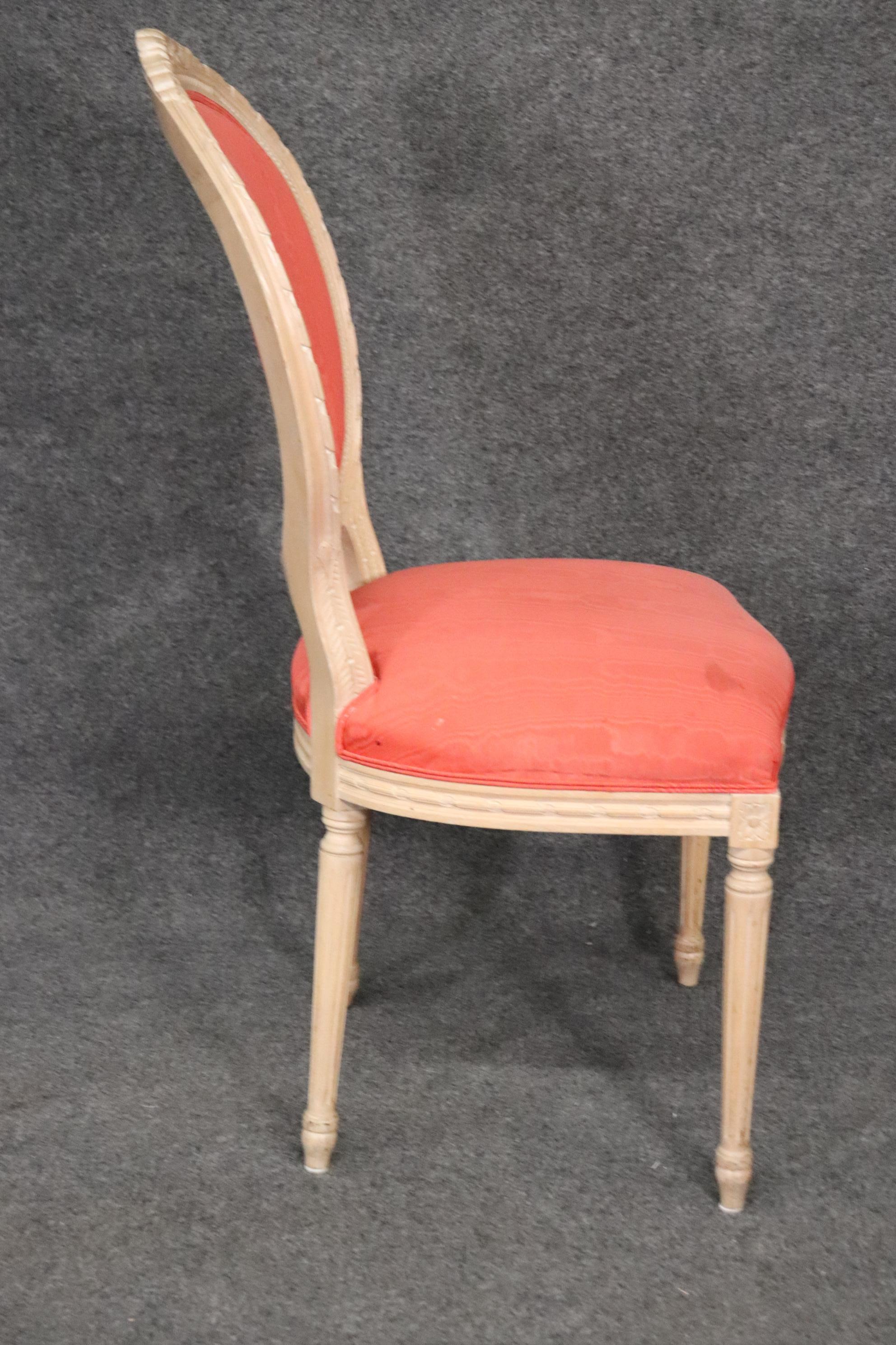 Beautiful Set 6 French Louis XVI Painted Moire Upholstered Dining Chairs  2