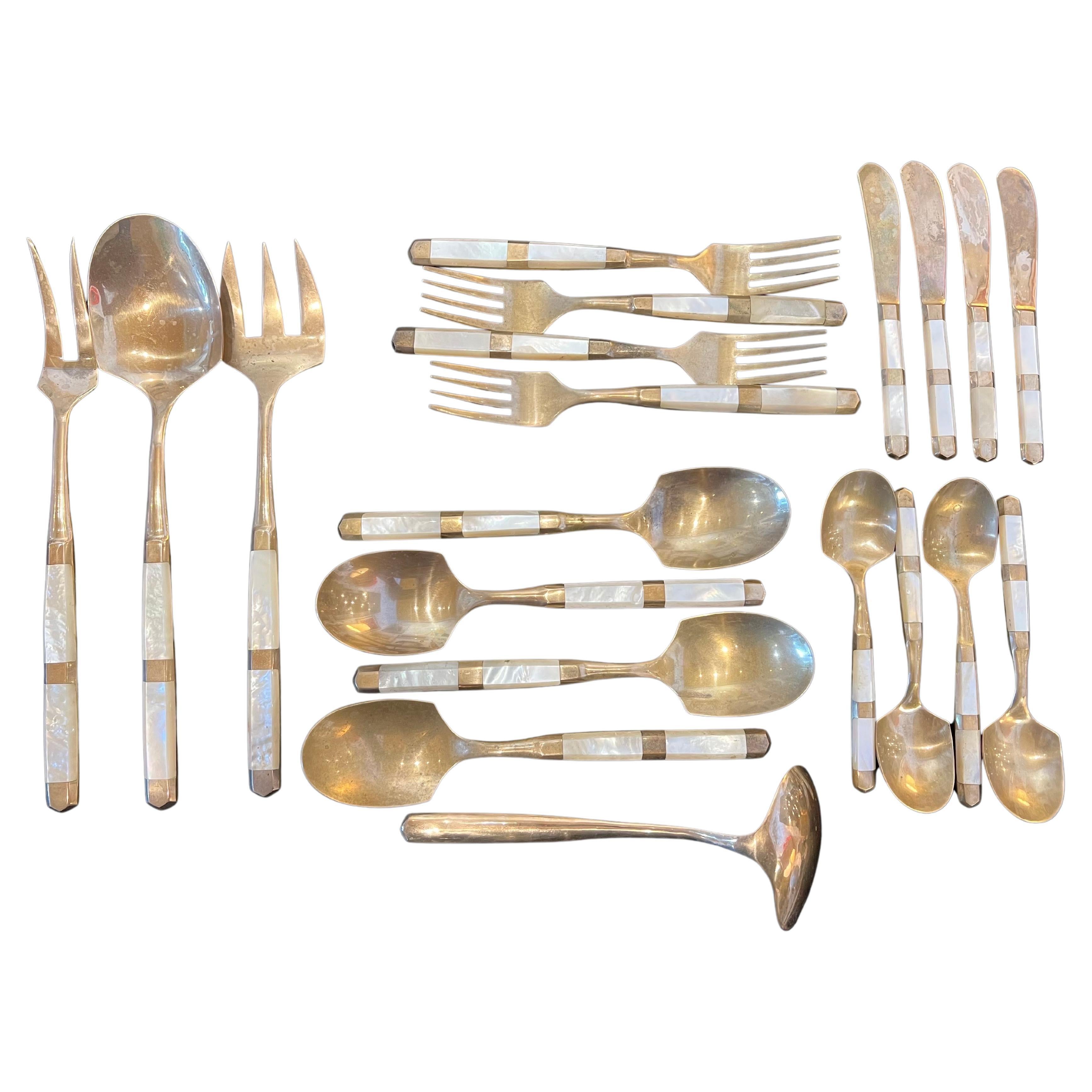 Beautiful Elegant set for 4 brass & mother of pearl hand-made flatware dinner set, 4 soup spoons 4 dinner forks 4 dessert spoons, 4 butter knives, and salad servers with spoon ladle.