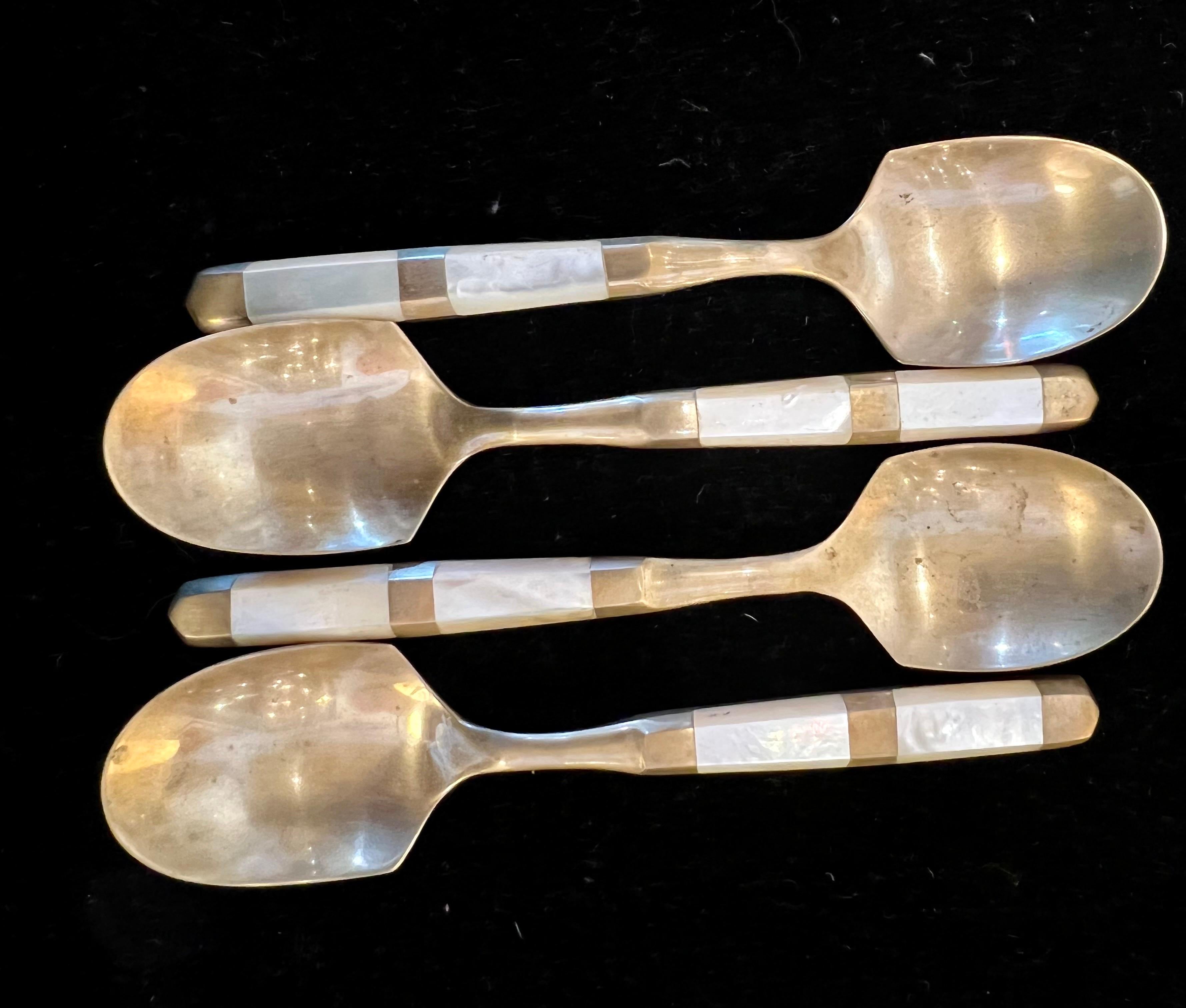 Mid-Century Modern Beautiful Set for 4 Brass & Mother of Pearl Flatware