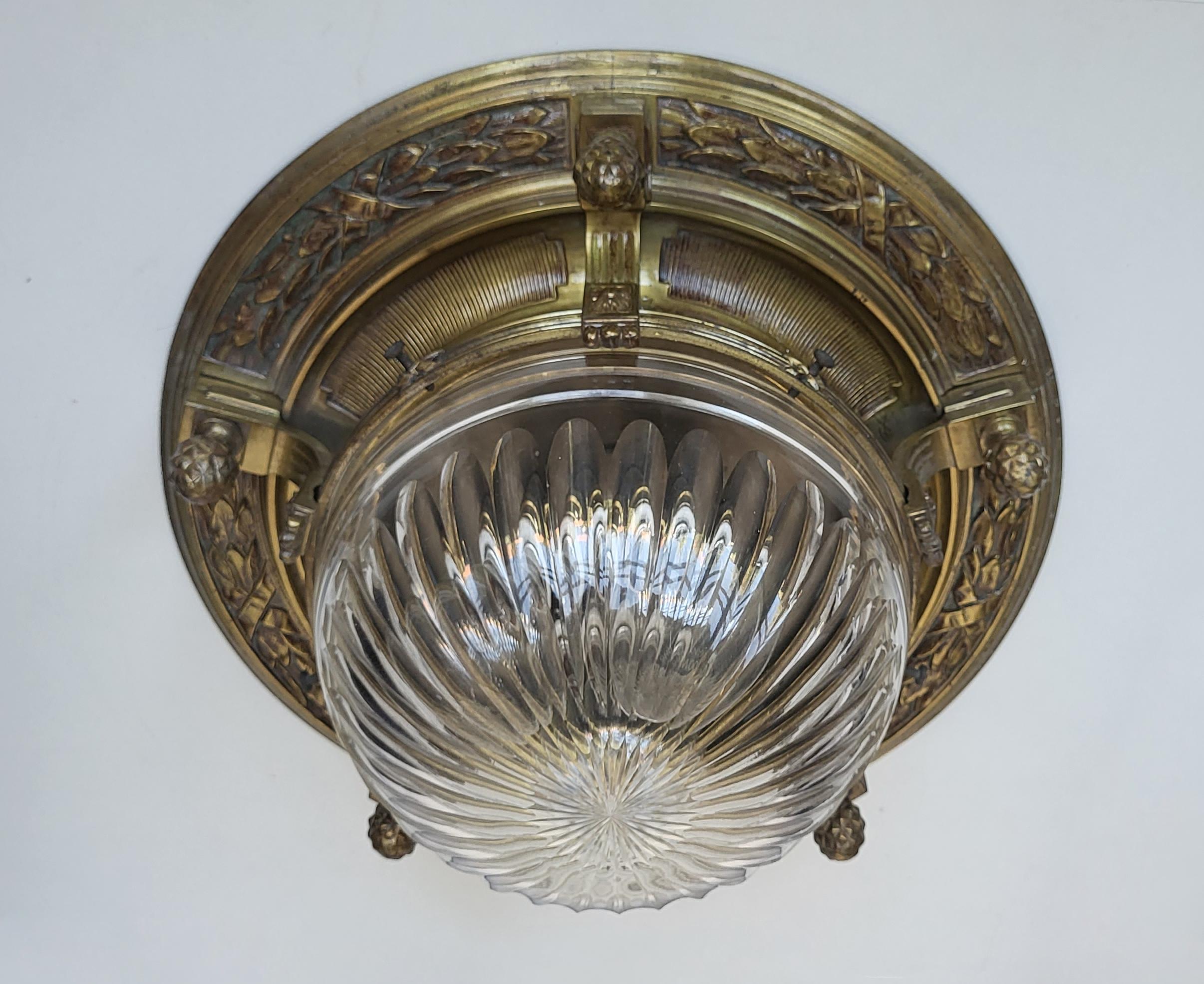 Art Nouveau Beautiful Set of 4 Rare Glass and Brass Ceiling Lights Flush Mounts 1900 For Sale