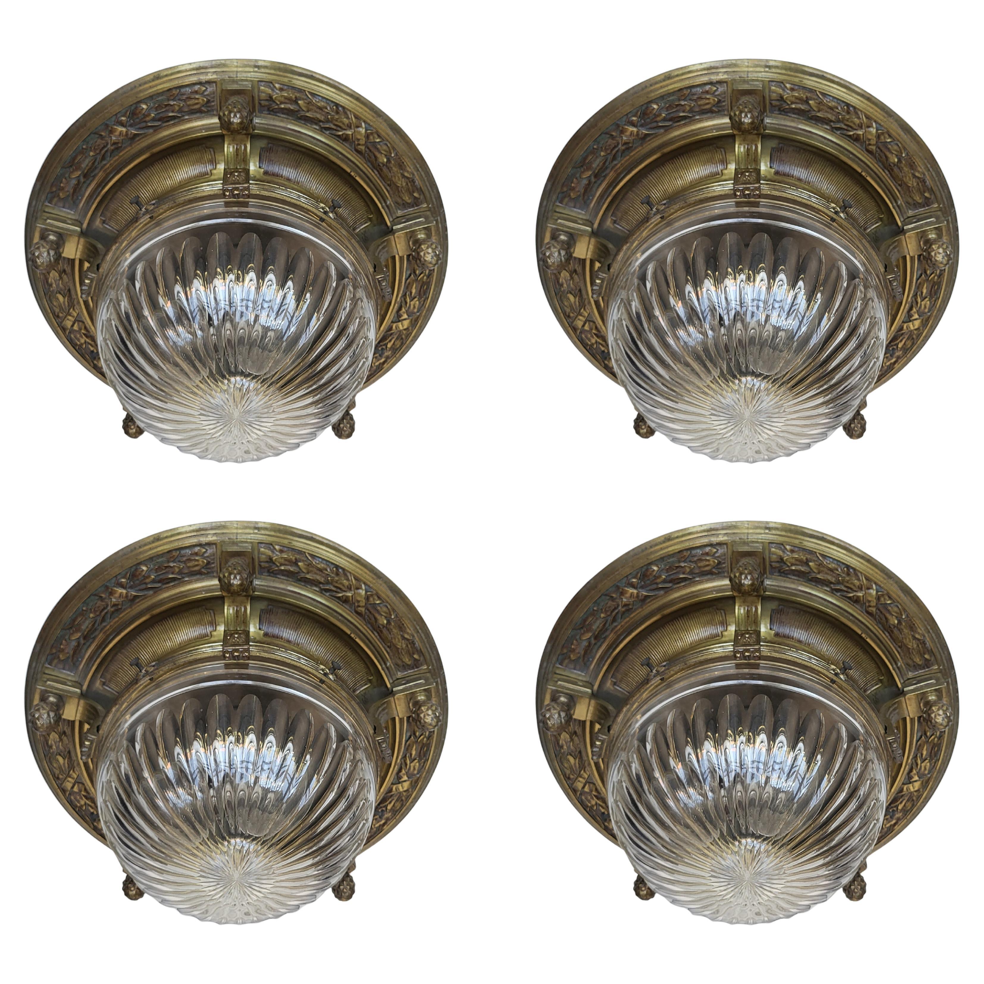 Beautiful Set of 4 Rare Glass and Brass Ceiling Lights Flush Mounts 1900 For Sale