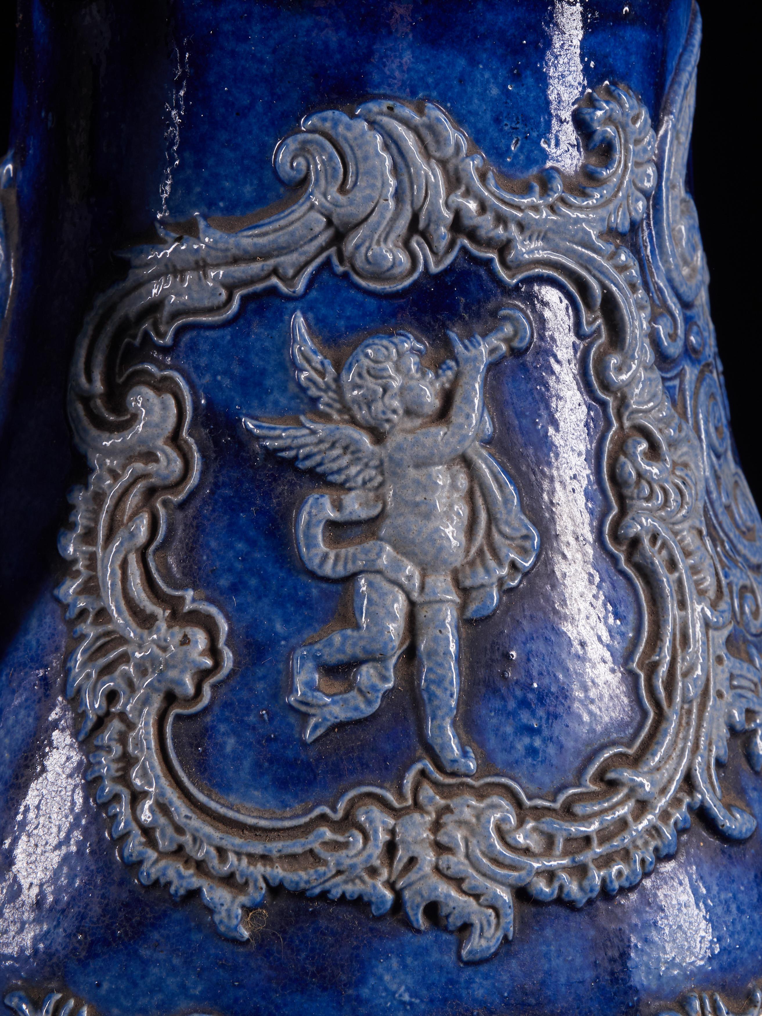 Beautiful Set of 4 Vintage Ceramic Beer Carafes with Indigo Blue Decorations 6