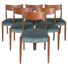 Magnifique ensemble de 6 chaises de salle à manger danoises modernes en teck avec revêtement en mohair 