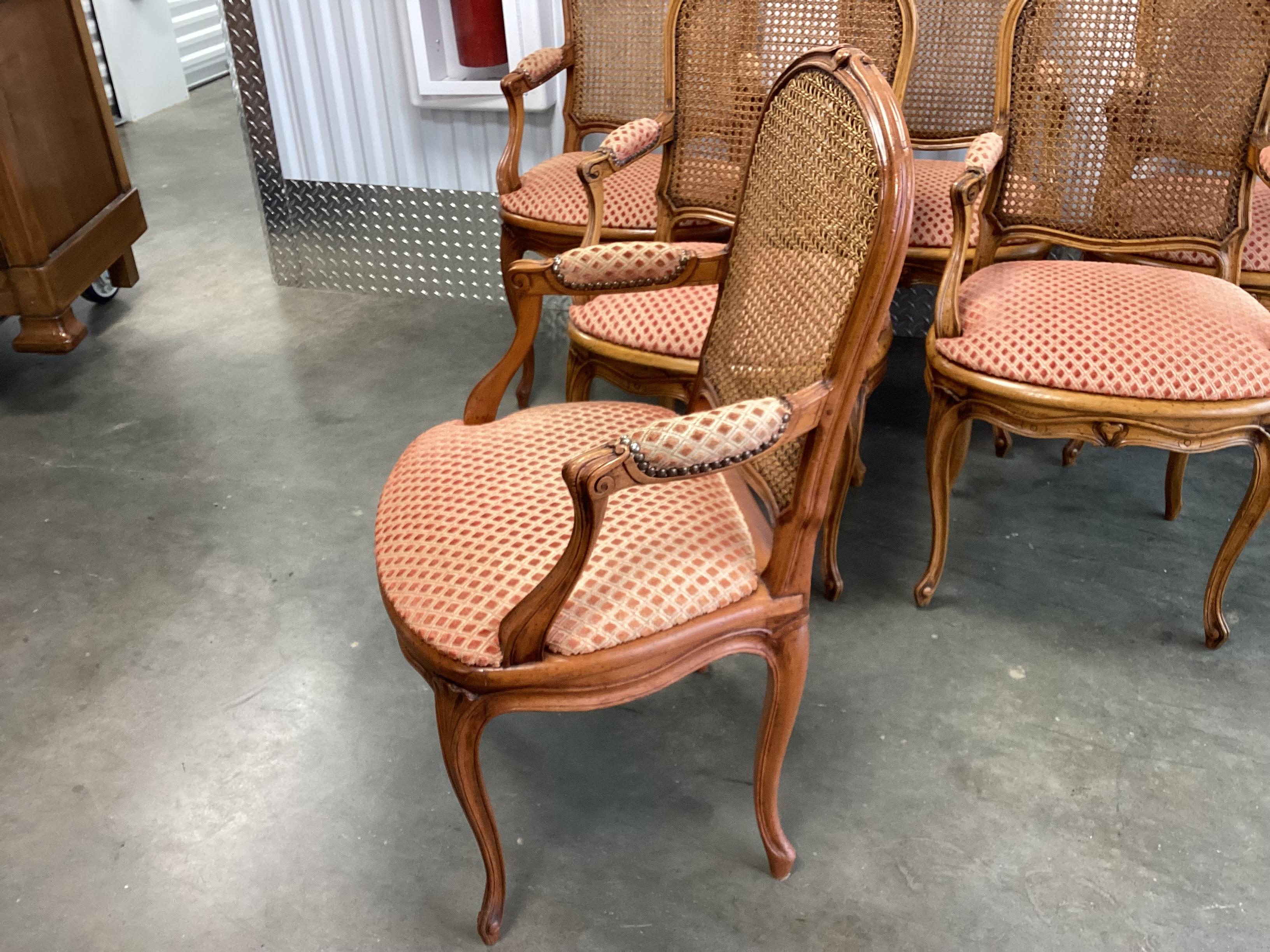 French Provincial Beautiful set of 6 French Walnut & Caned Dining Armchairs