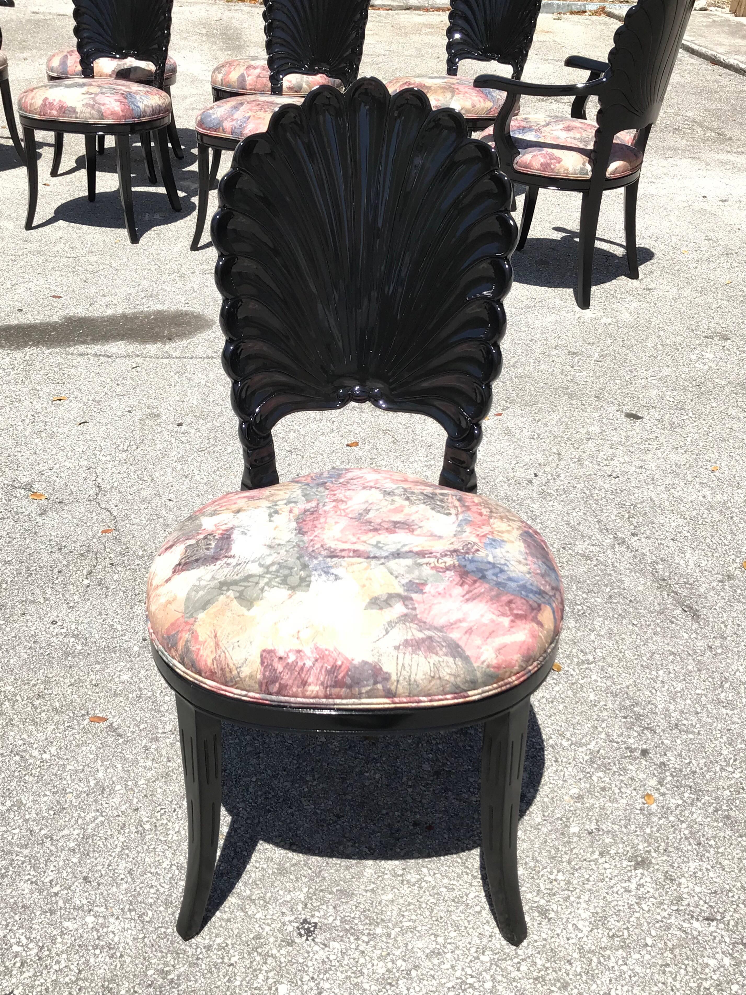Beautiful Set of Eight Italian Ebonized Venetian Grotto Shell Back Dining Chairs 5