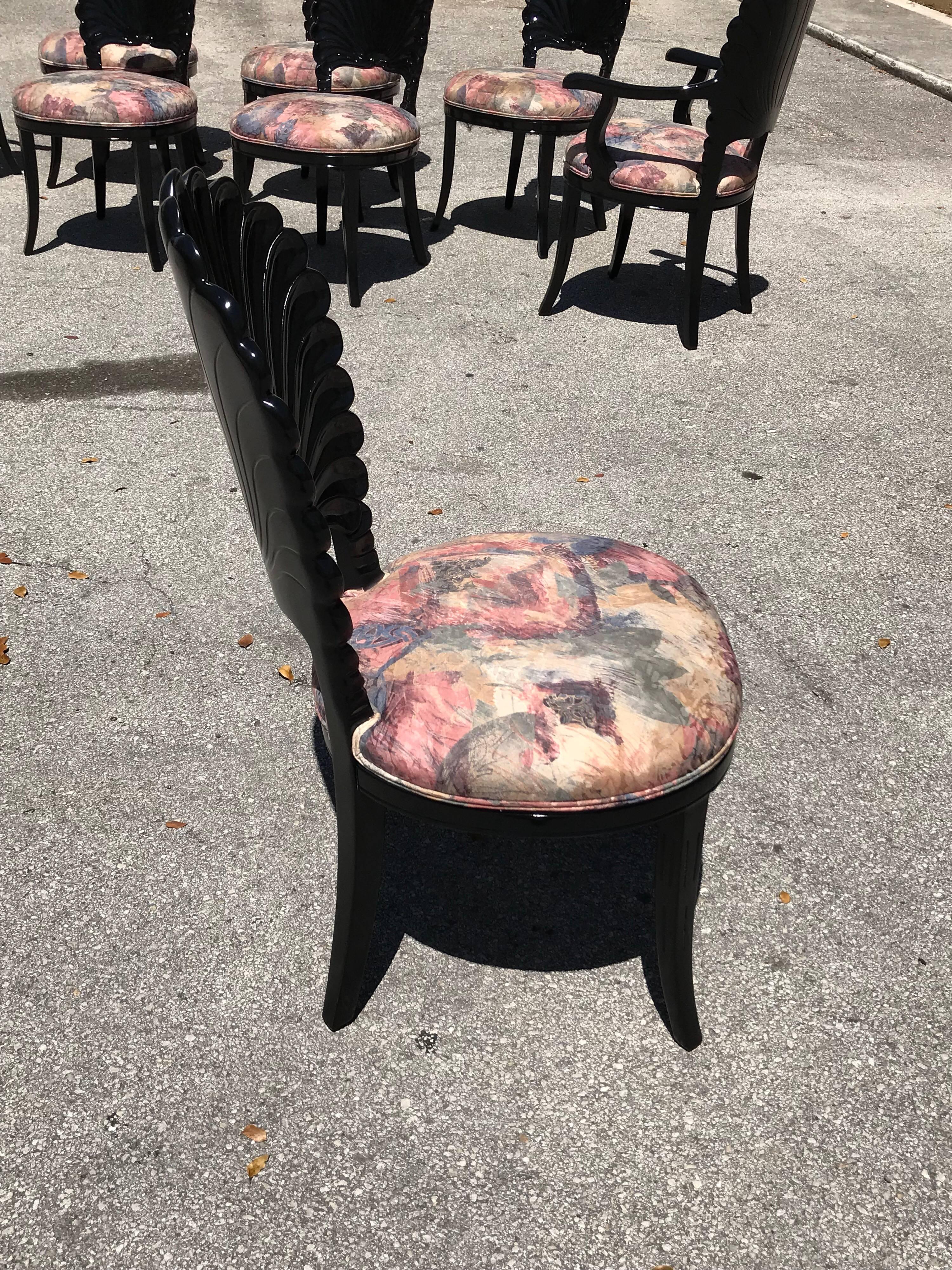 Beautiful Set of Eight Italian Ebonized Venetian Grotto Shell Back Dining Chairs 12