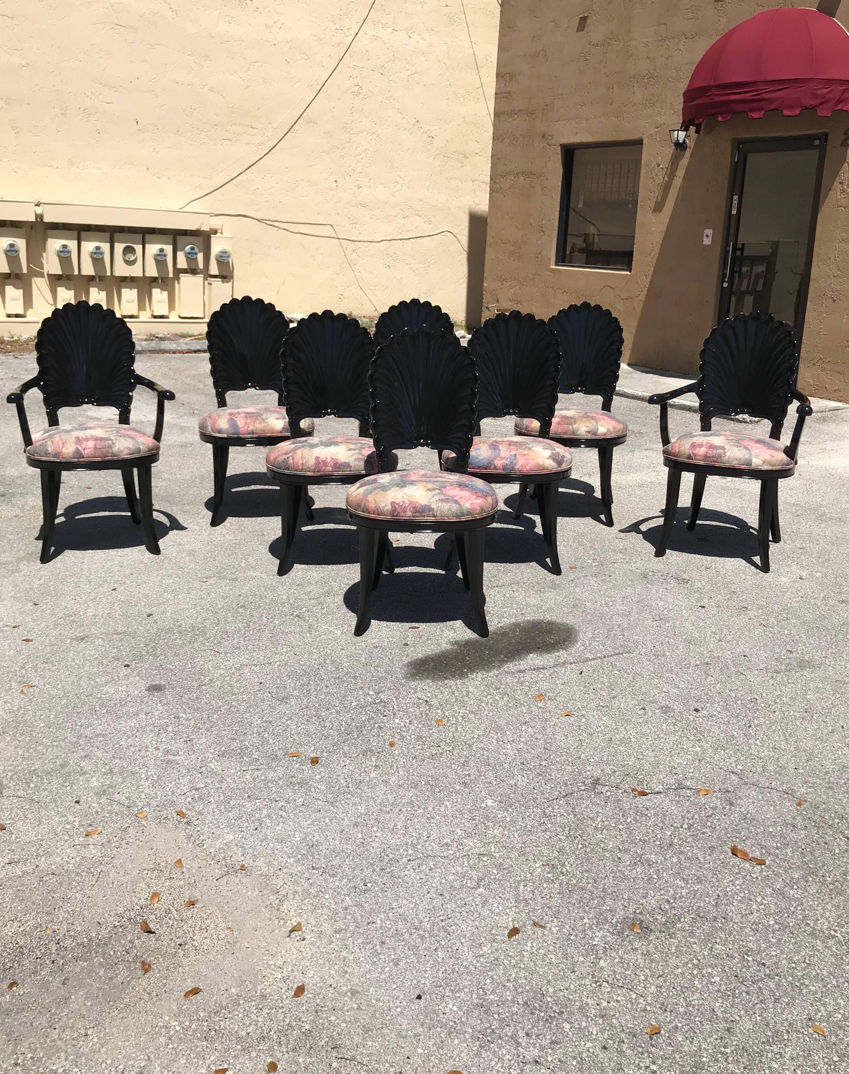 Beautiful Set of Eight Italian Ebonized Venetian Grotto Shell Back Dining Chairs 13