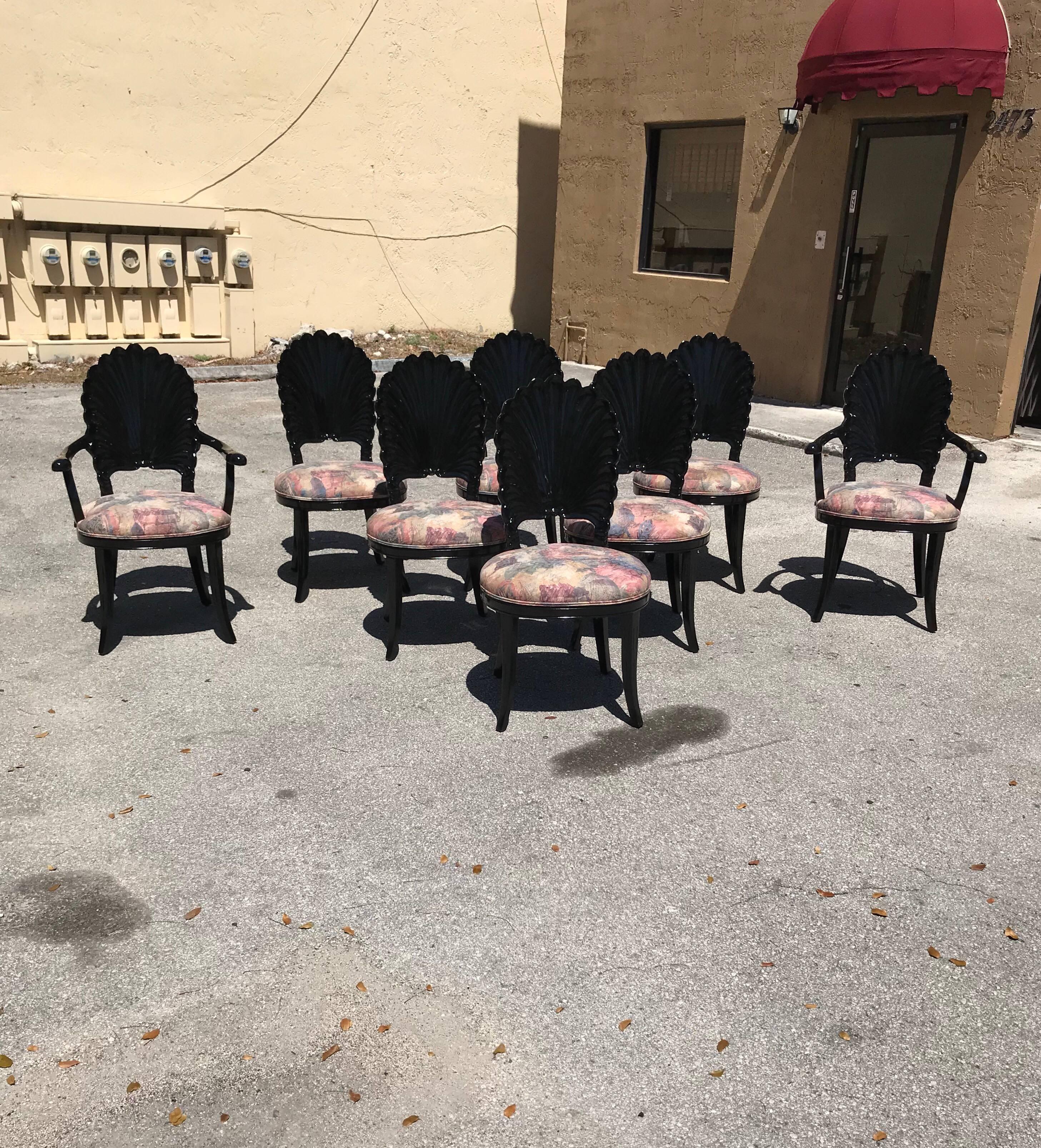 Set of eight Italian ebonized Venetian grotto shell back dining chairs, wood framed chairs having shell back design with silk fabric seats. is six dining chair and two armchair set of eight total, beautiful Ebonized finish with high gloss lacquer,