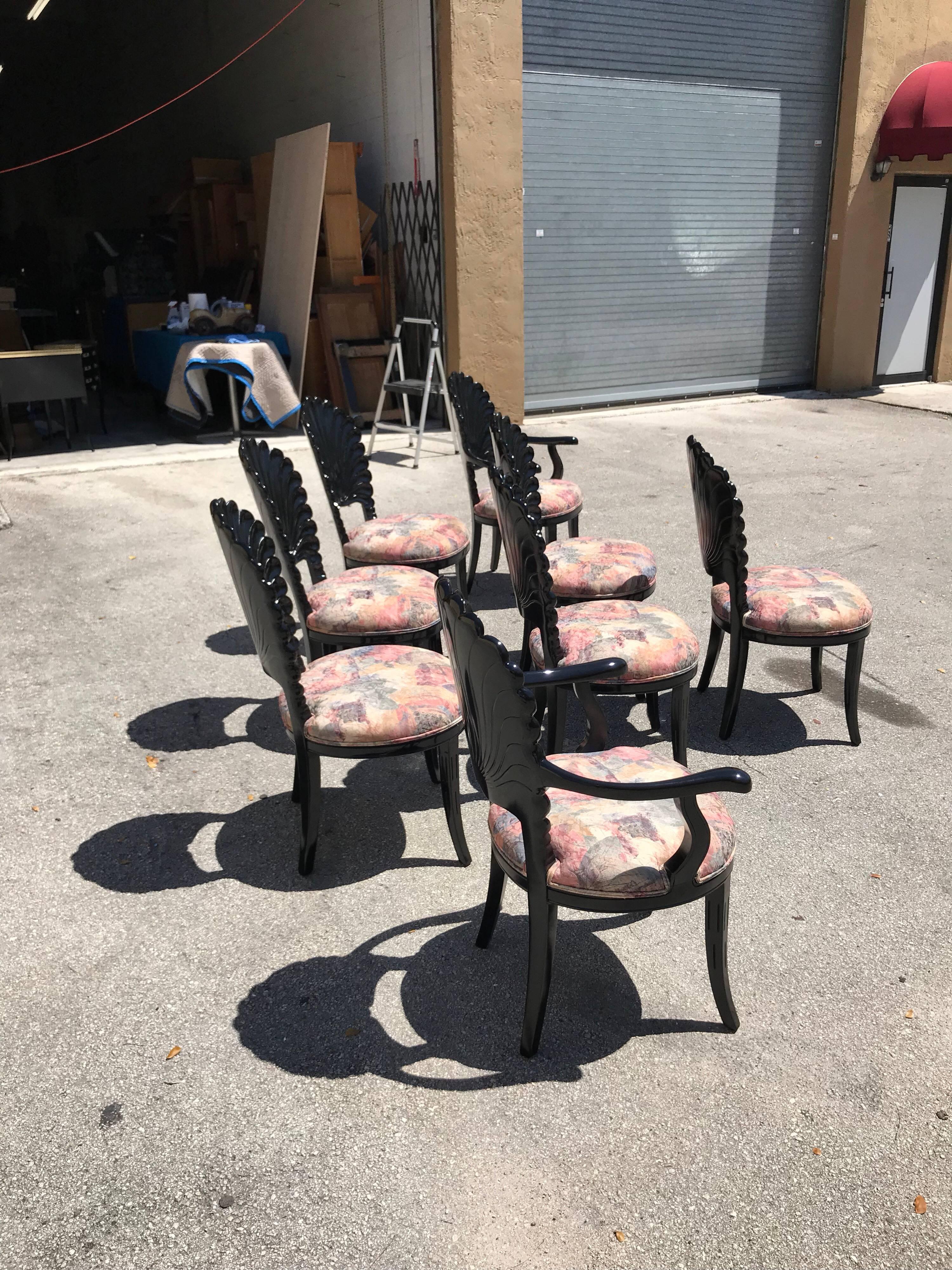 Mid-20th Century Beautiful Set of Eight Italian Ebonized Venetian Grotto Shell Back Dining Chairs