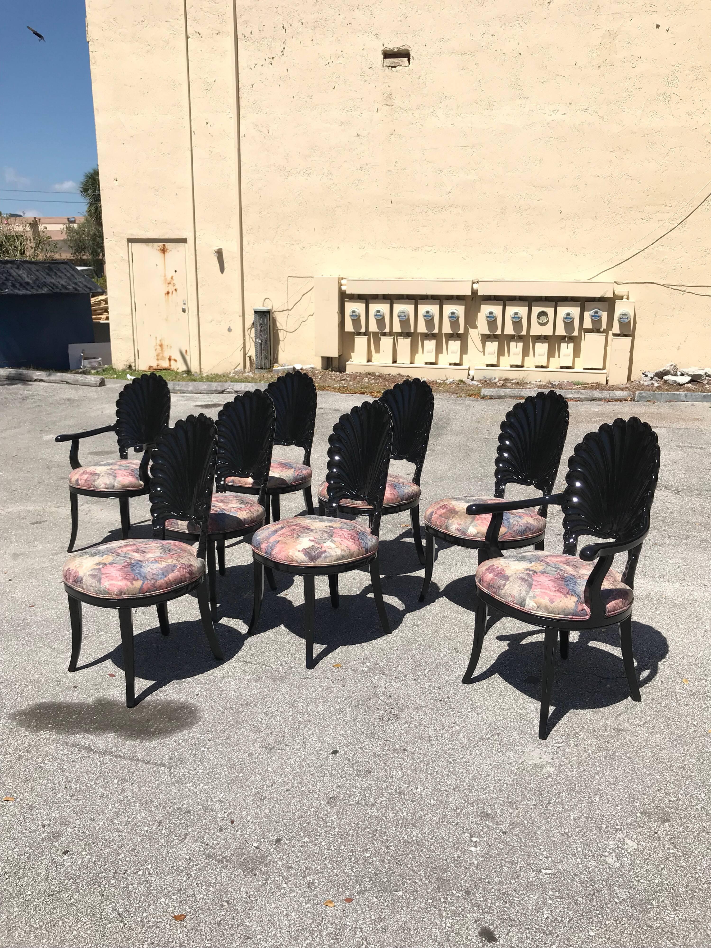 Beautiful Set of Eight Italian Ebonized Venetian Grotto Shell Back Dining Chairs 1