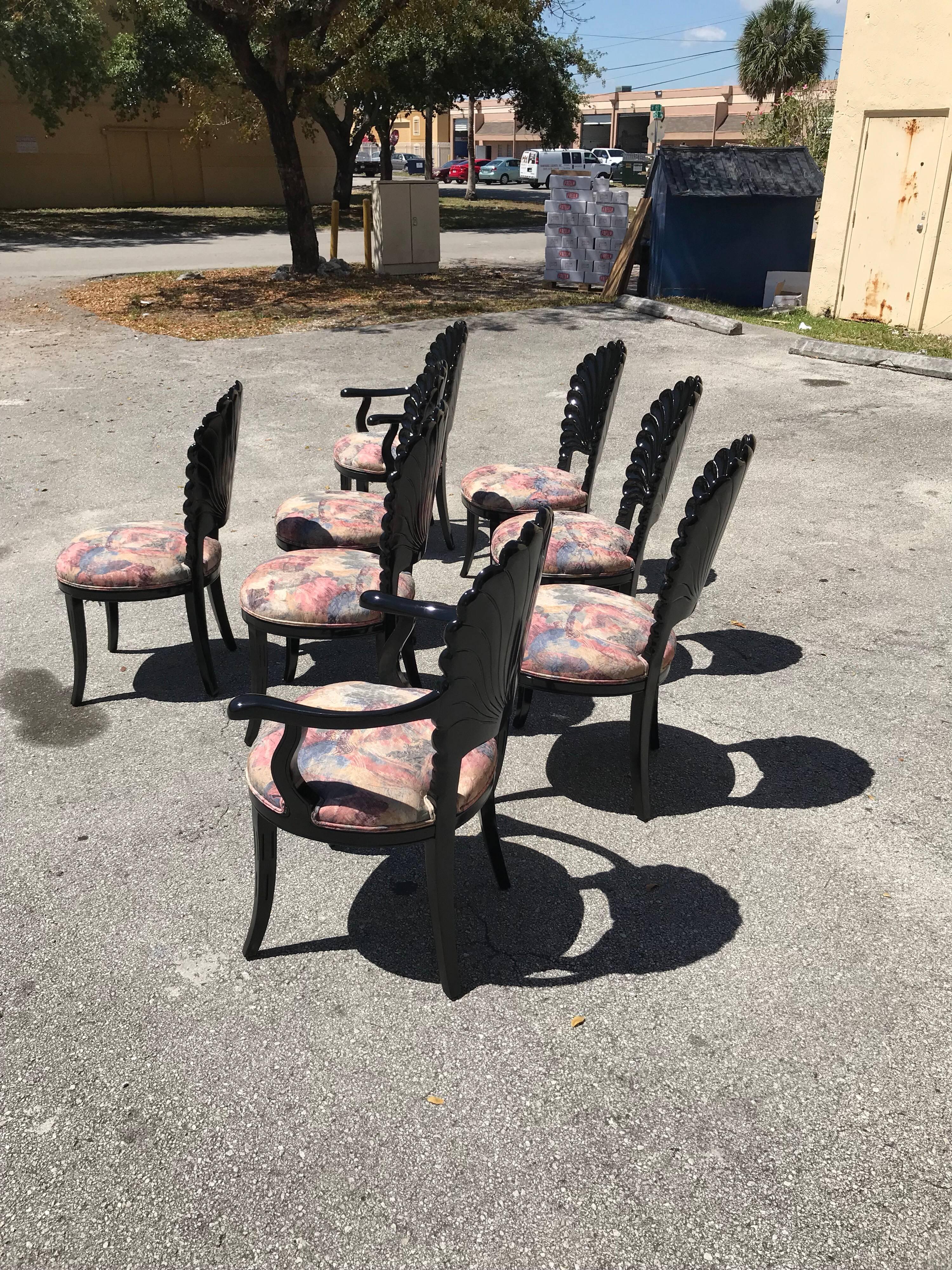 Beautiful Set of Eight Italian Ebonized Venetian Grotto Shell Back Dining Chairs 2
