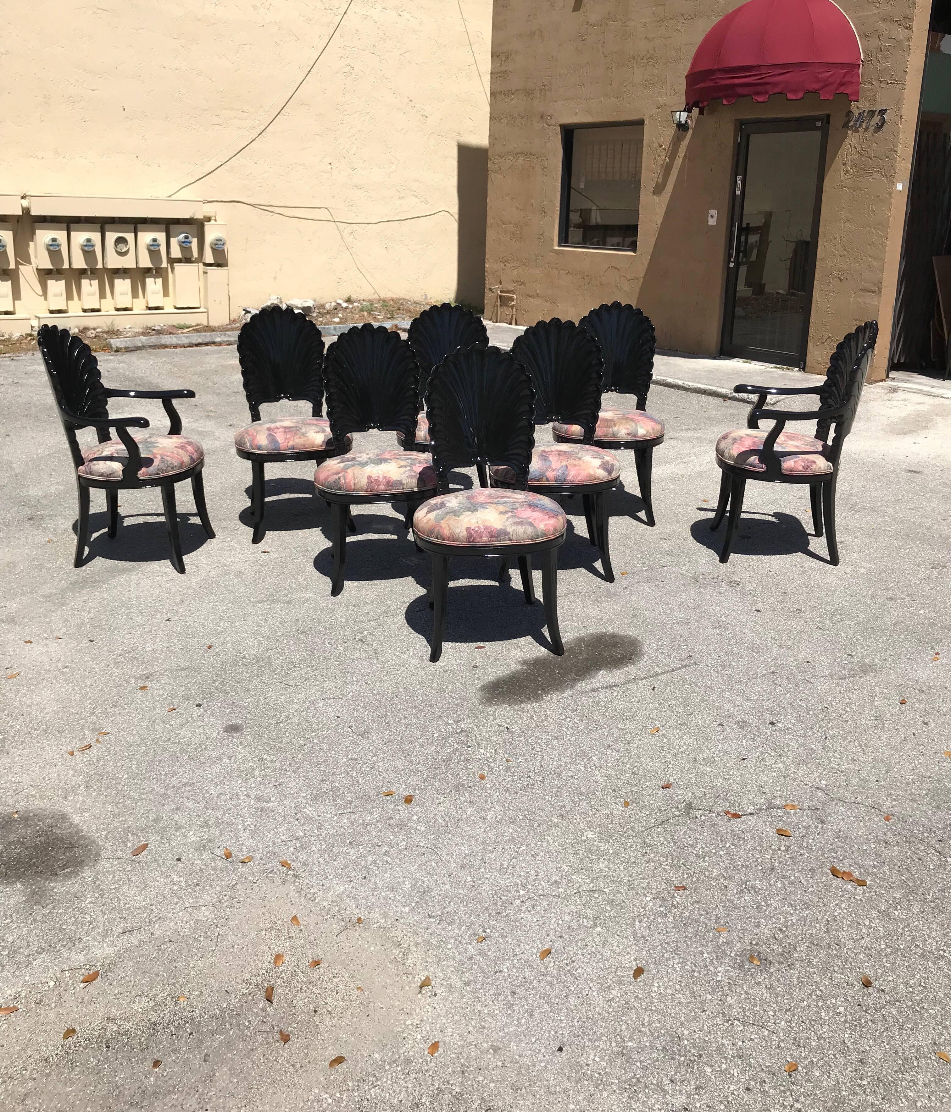 Beautiful Set of Eight Italian Ebonized Venetian Grotto Shell Back Dining Chairs 4