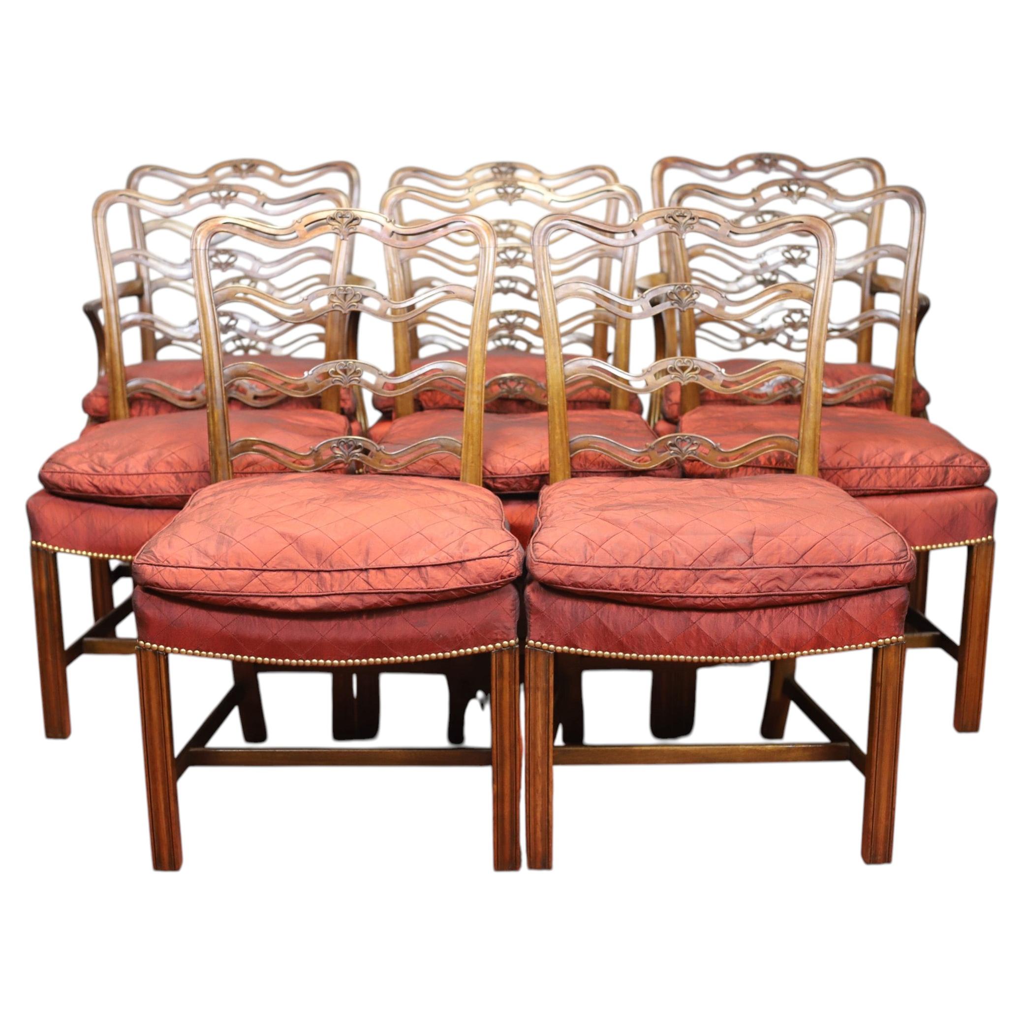 Beautiful Set Of Eight Chippendale Revival Style Walnut Dining Chairs