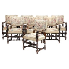 Beautiful Set Of Eight Italian Walnut Dining Armchairs In Renaissance Style
