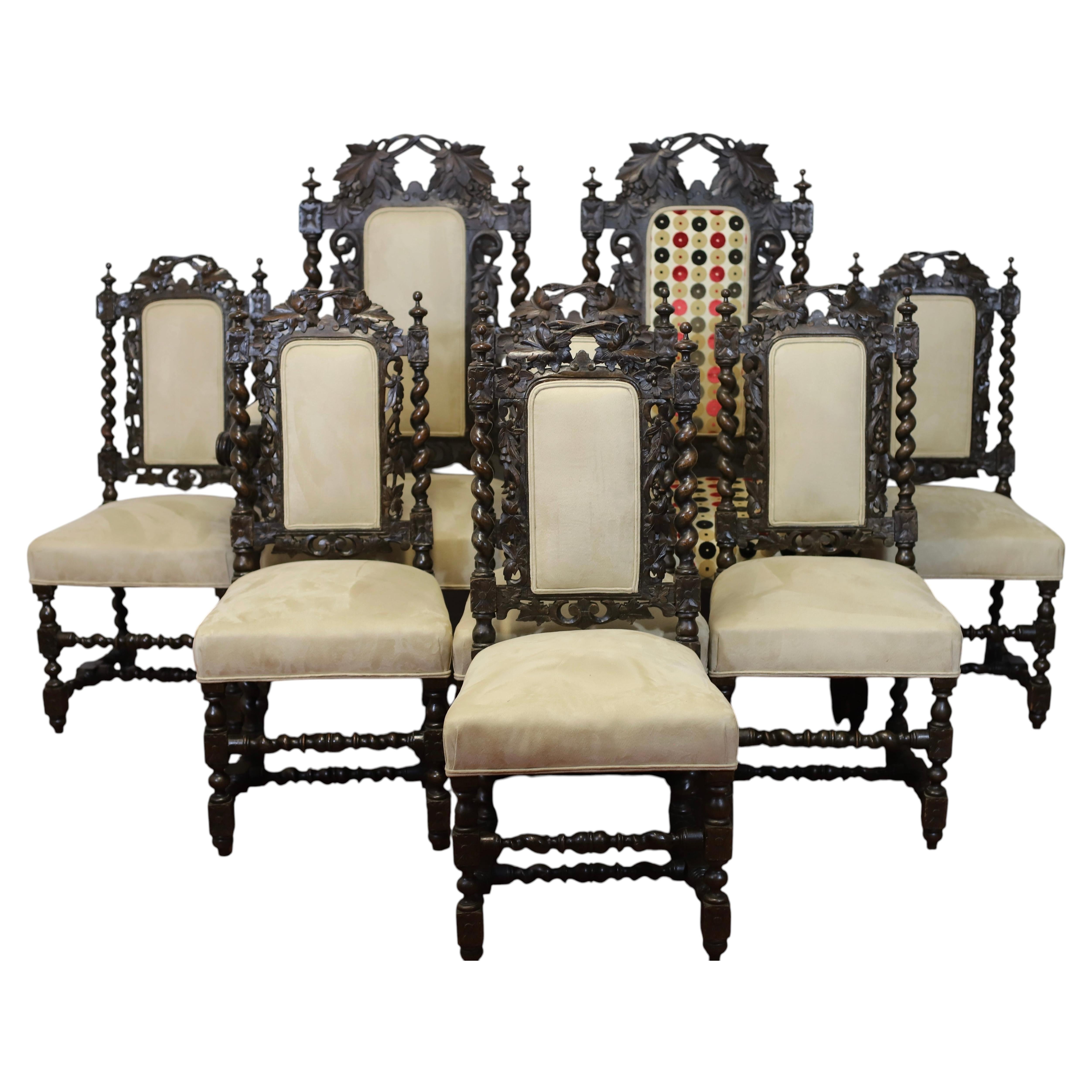 Beautiful Set Of Eight Victorian Jacobean Oak Dining Chairs