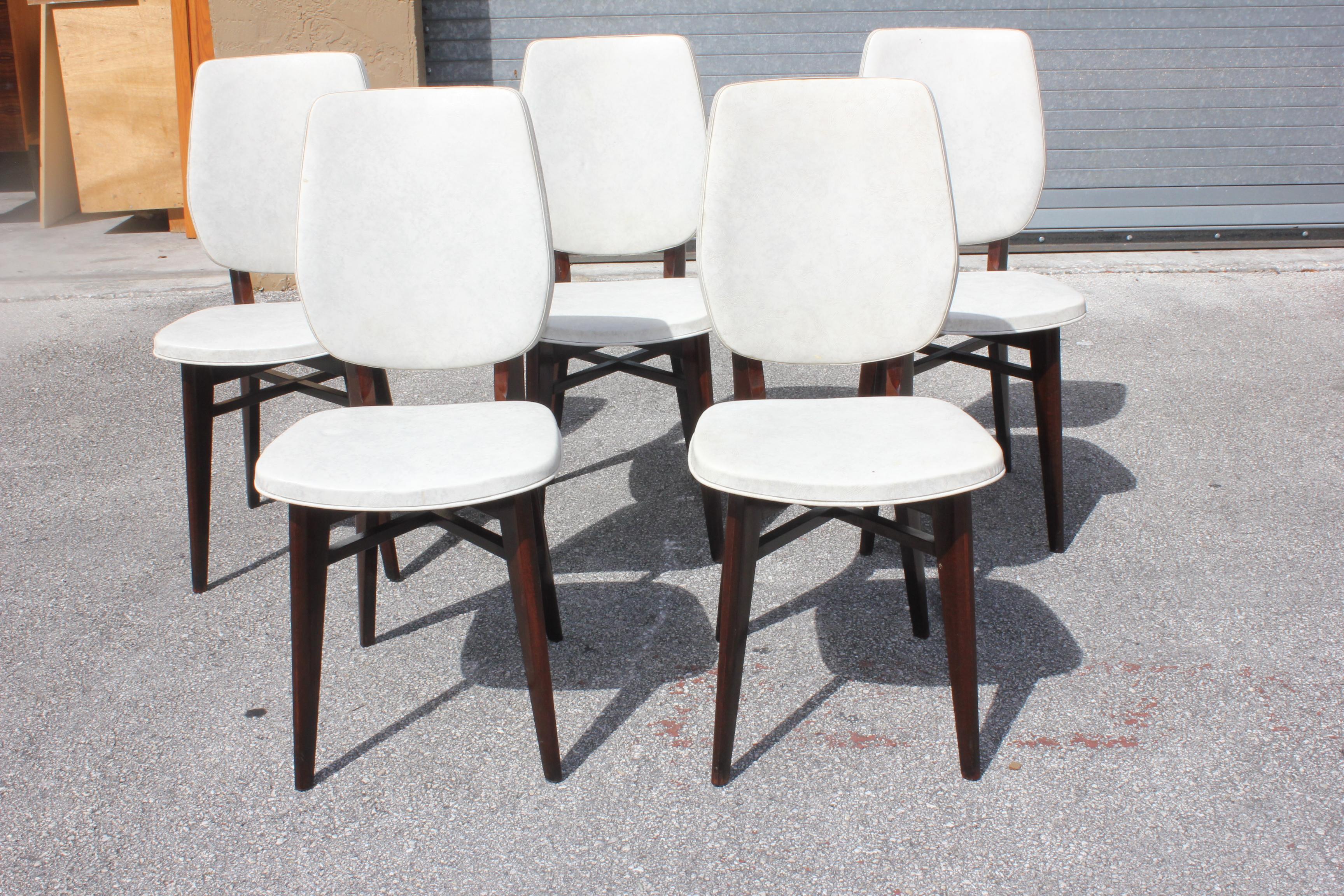 Fabric Beautiful Set of Five French Art Deco Solid Mahogany Dining Chairs, circa 1940s For Sale