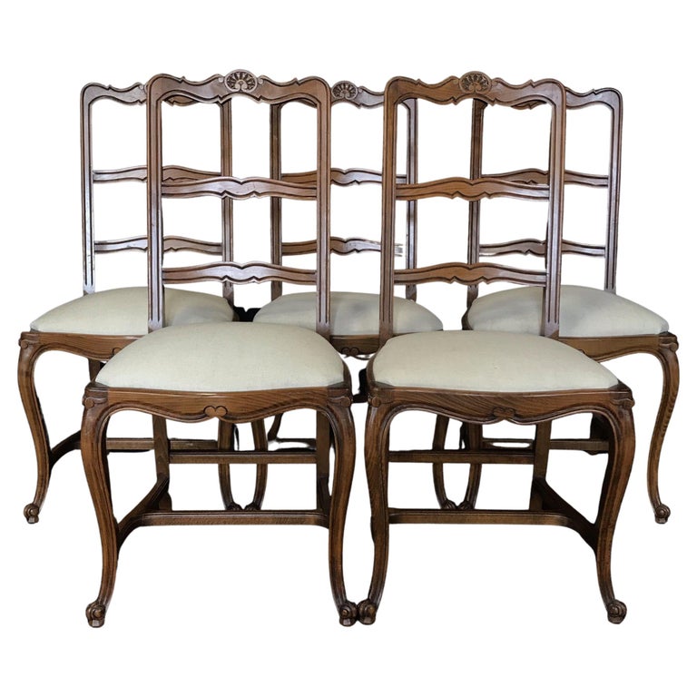 Beautiful Set of Five French Louis XV Ladderback Style Dining Chairs For Sale