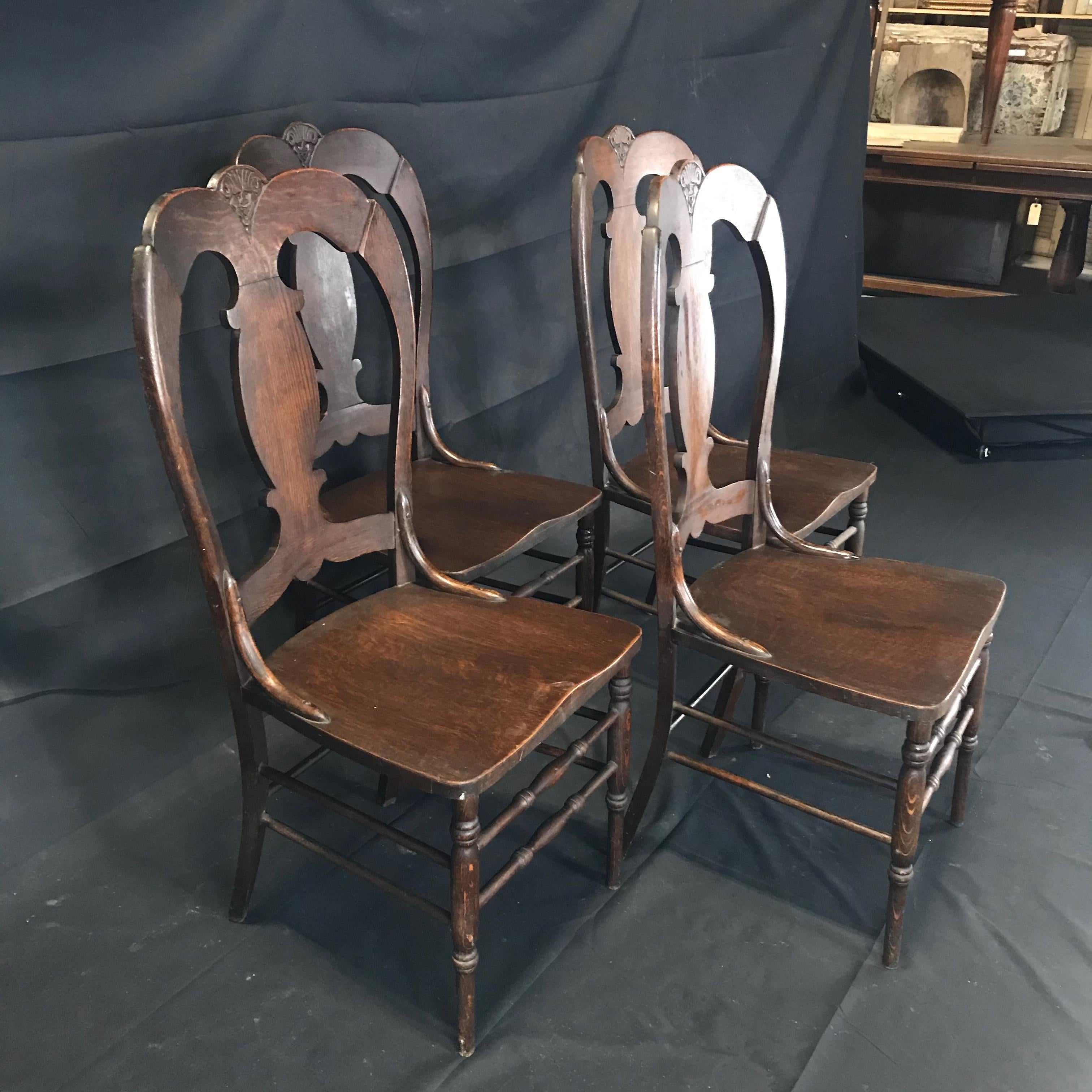 19th Century Beautiful Set of Four 19th C Renaissance Style Figural Carved Oak Dining Chairs