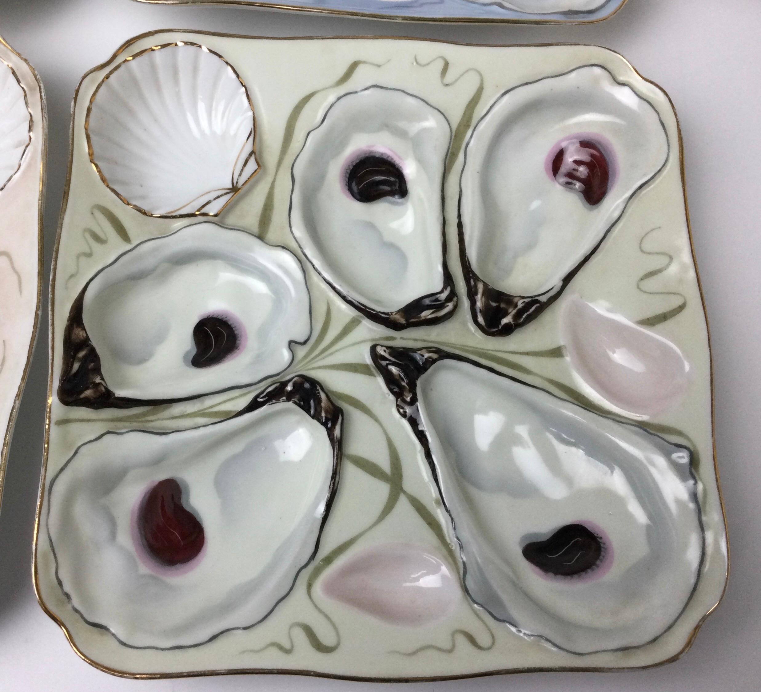 European Beautiful Set of Four Square Hand Painted Oyster Plates
