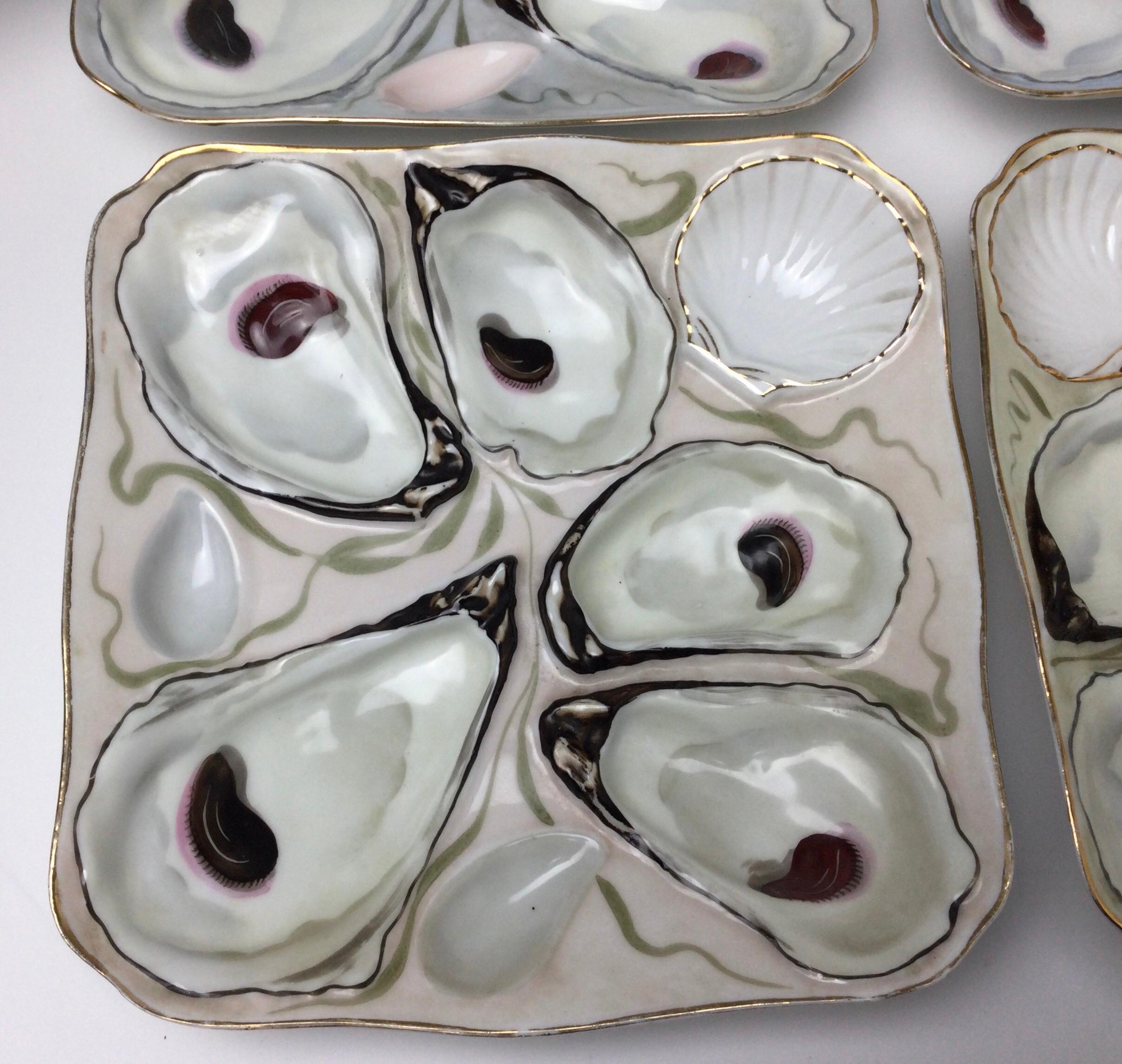 Hand-Painted Beautiful Set of Four Square Hand Painted Oyster Plates