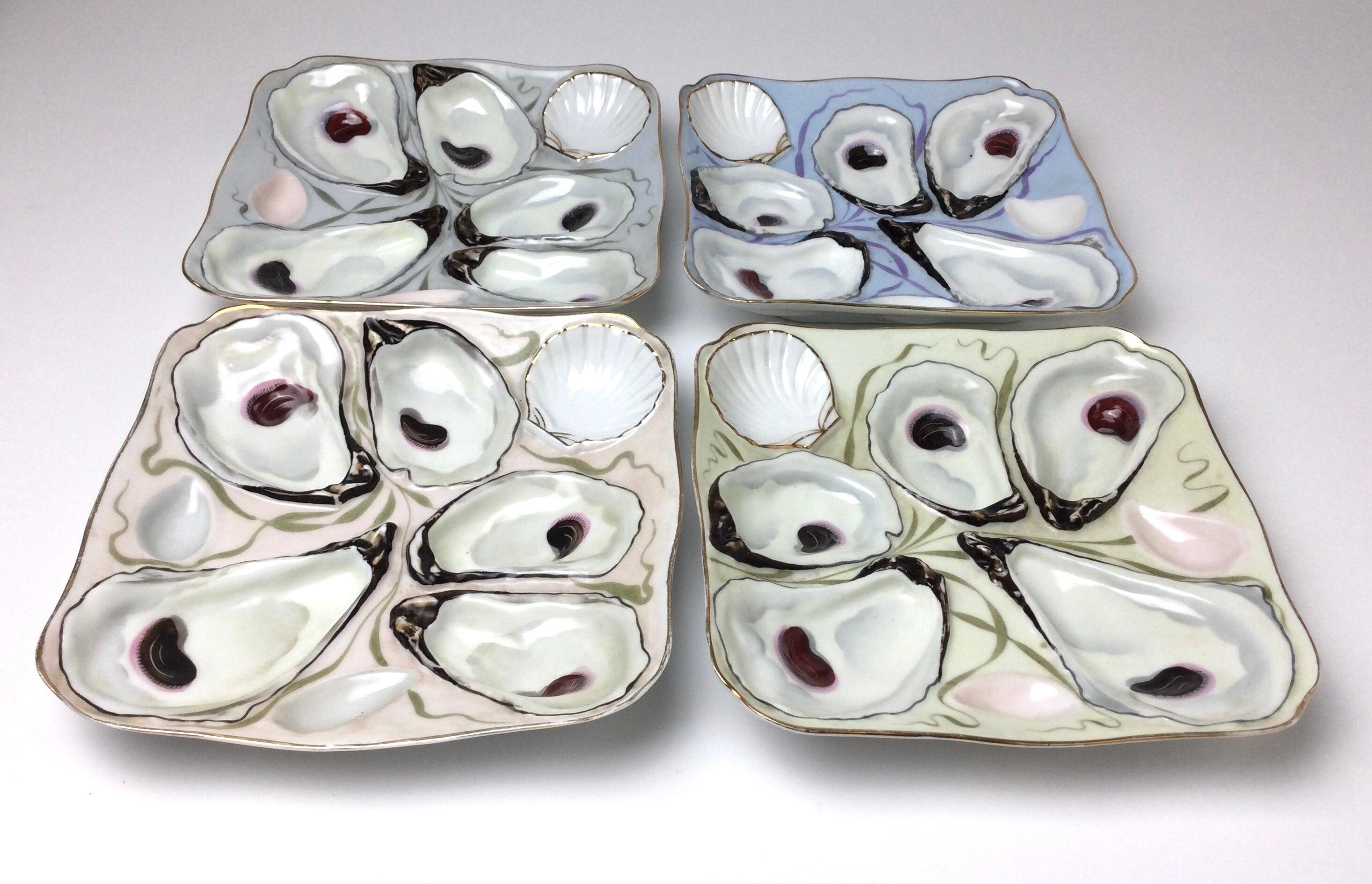 Beautiful Set of Four Square Hand Painted Oyster Plates In Excellent Condition In Lambertville, NJ