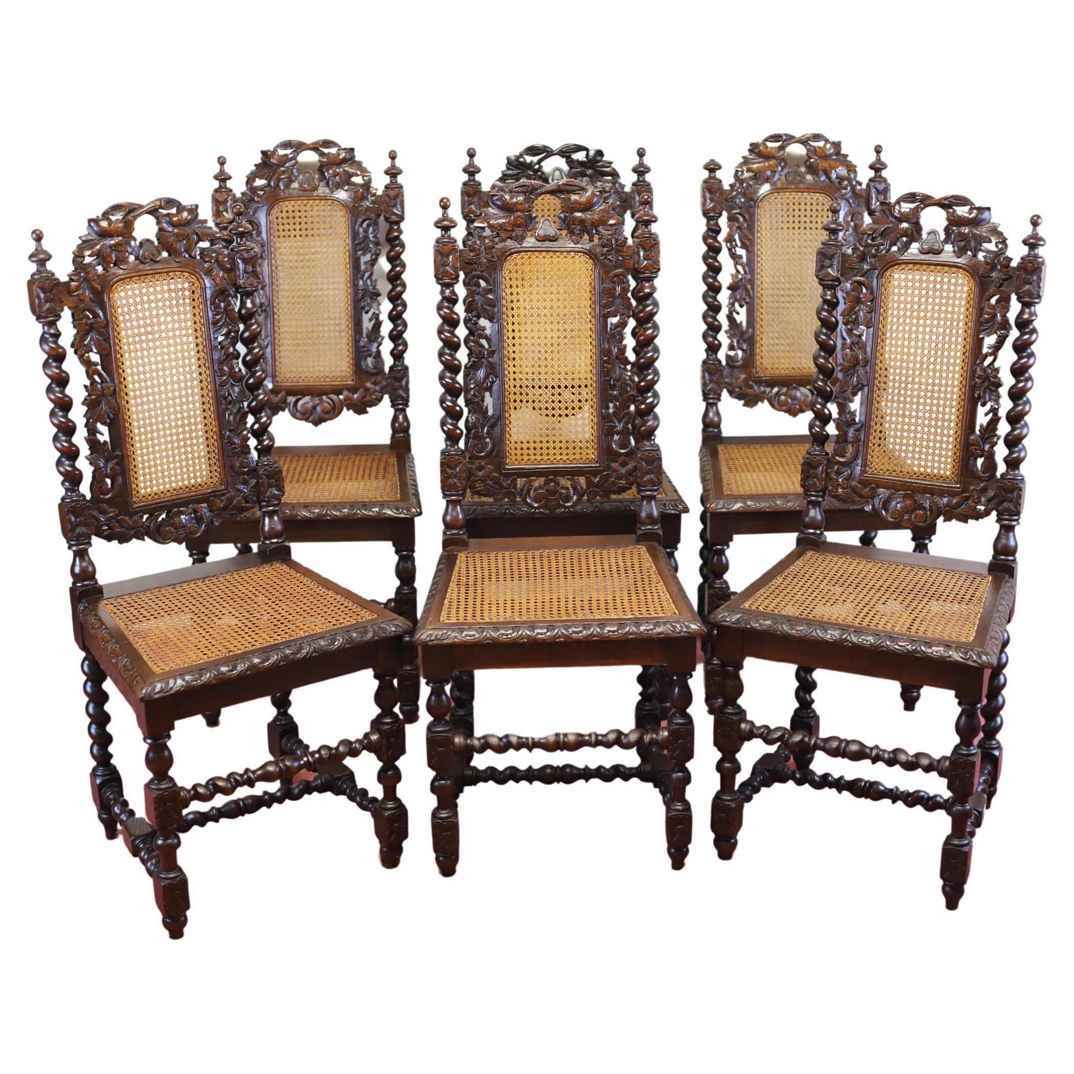 Magnifique ensemble de six chaises de salle à manger victoriennes anciennes en chêne sculpté