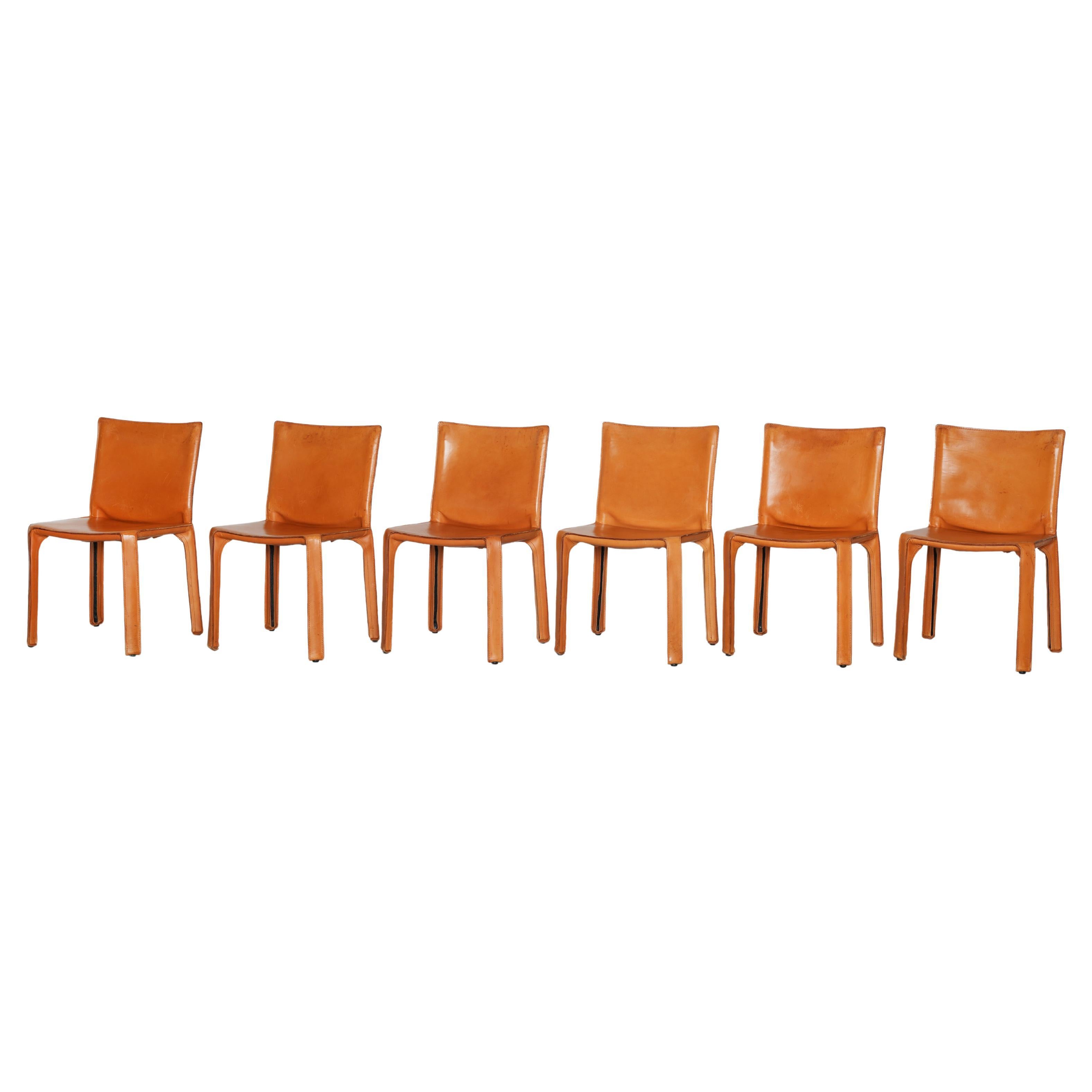 Beautiful set of six Cab 412 Chairs by Mario Bellini for Cassina, brown leather