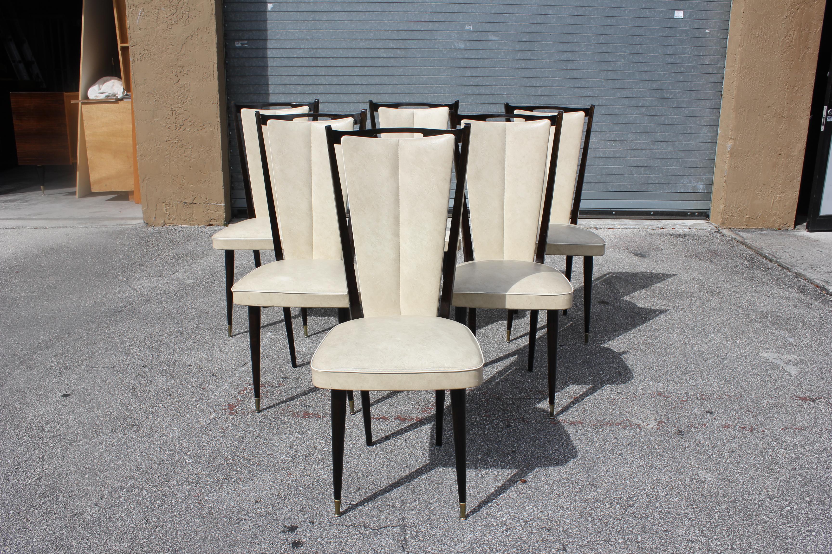 Fabric Beautiful Set of Six French Art Deco Solid Mahogany Dining Chairs, circa 1940s