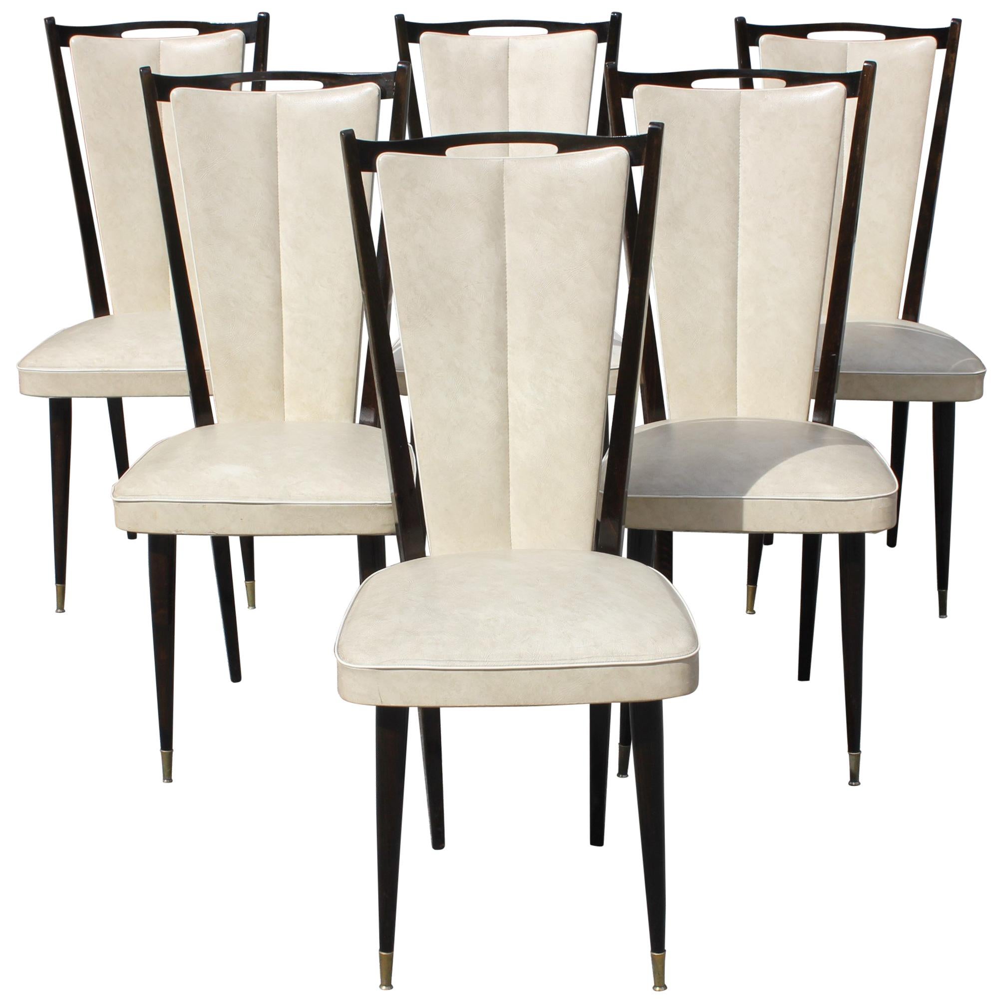 Beautiful Set of Six French Art Deco Solid Mahogany Dining Chairs, circa 1940s