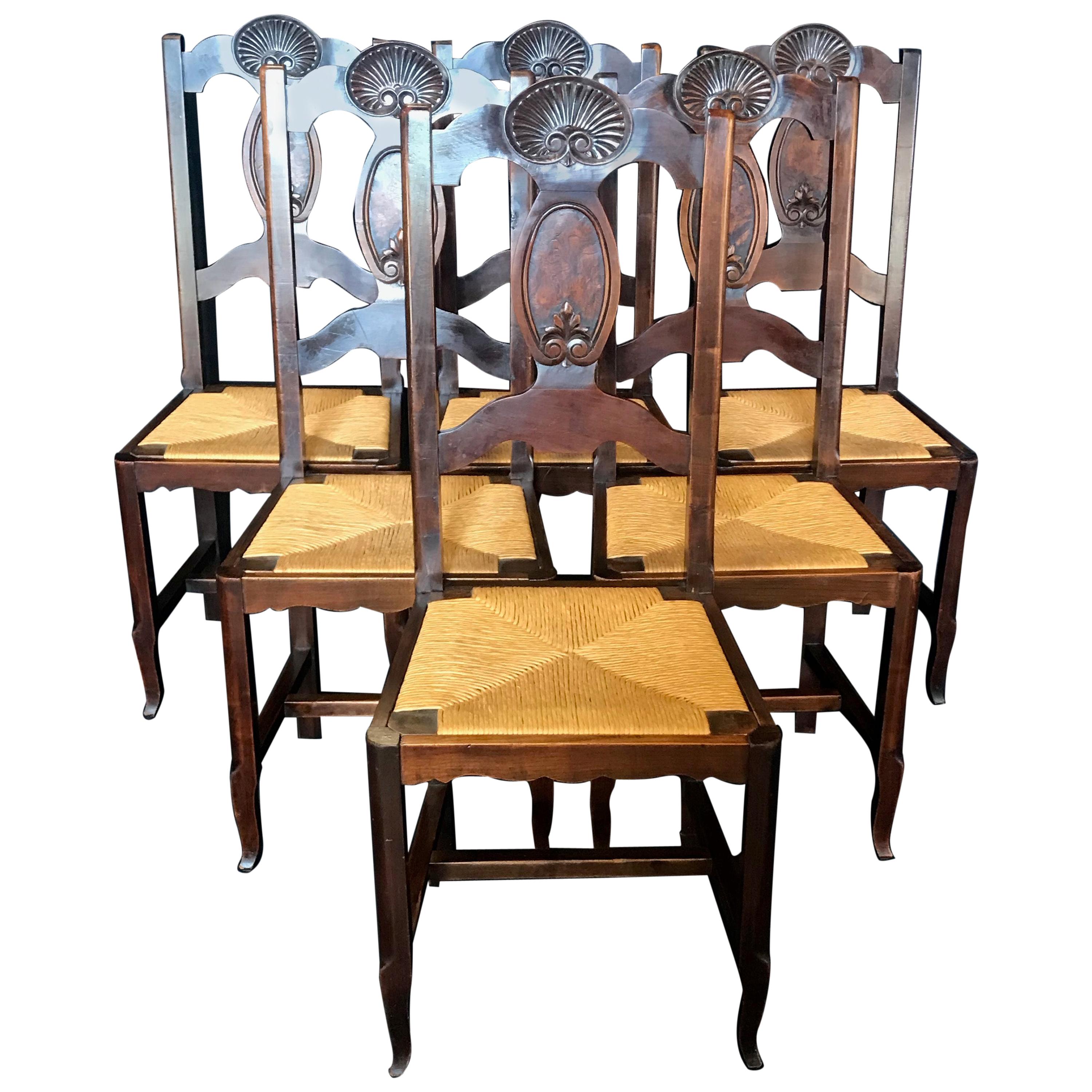 Beautiful Set of Six French Country Carved Walnut and Rush Dining Chairs