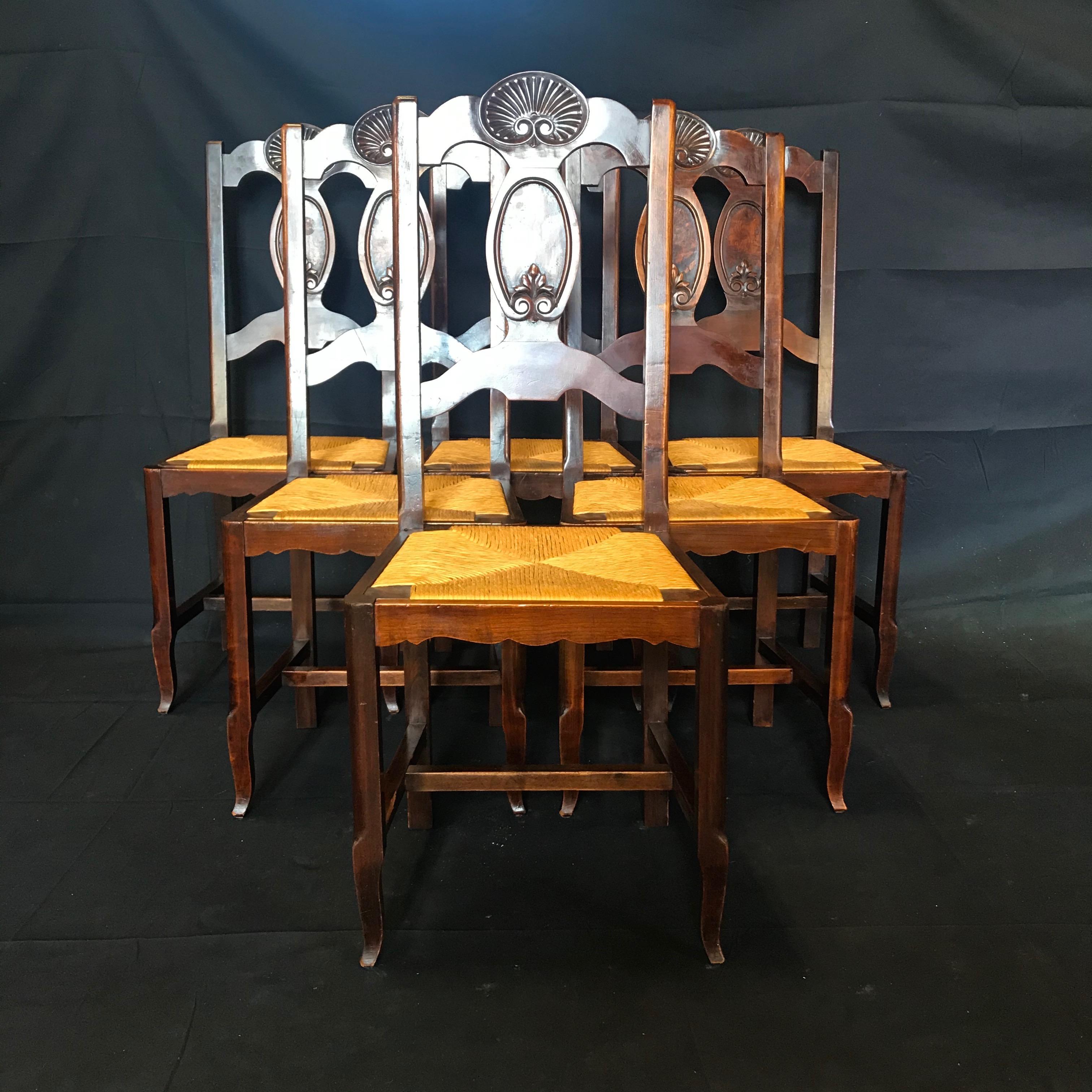 Beautiful Set of Six French Country Carved Walnut and Rush Dining Chairs In Good Condition In Hopewell, NJ