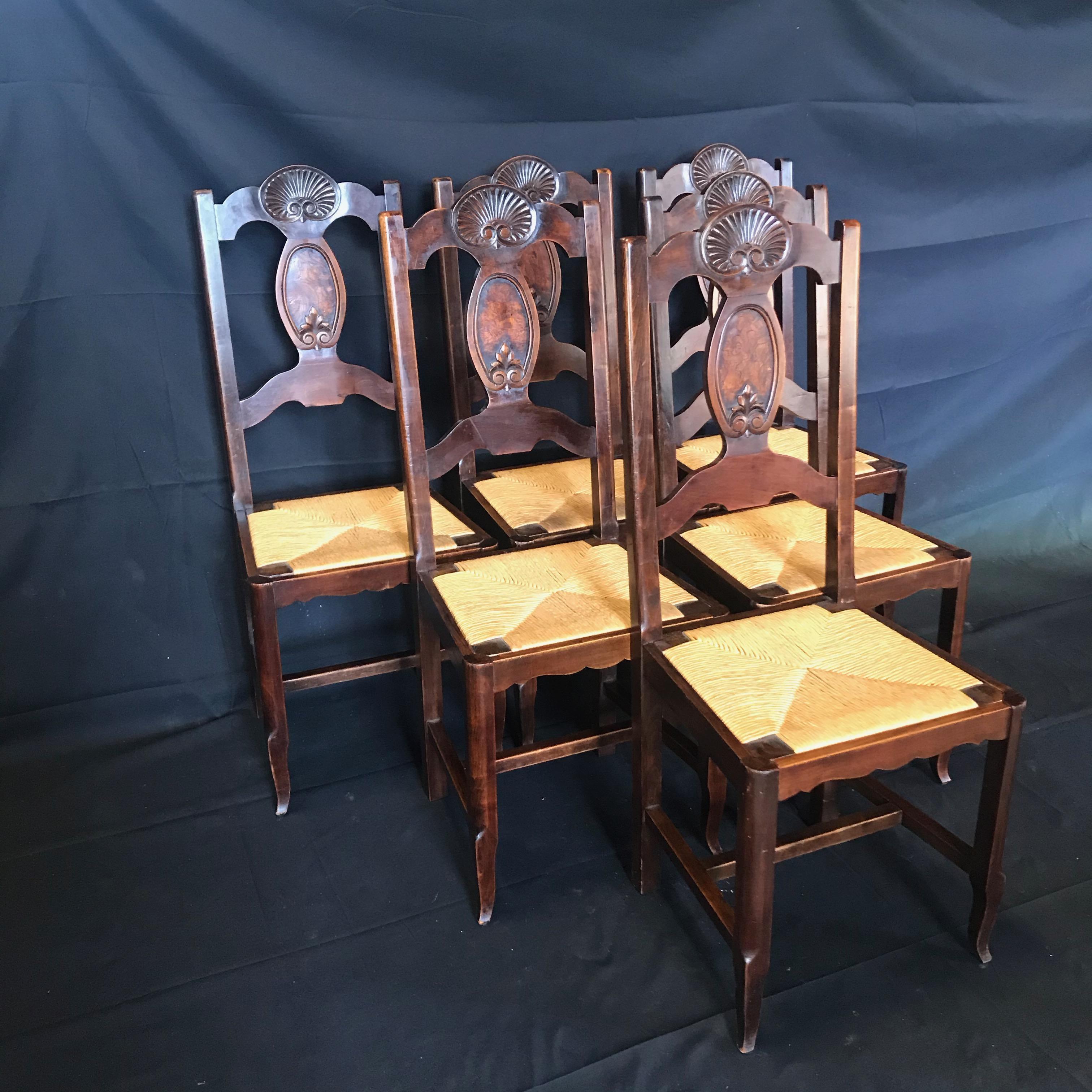 Beautiful Set of Six French Country Carved Walnut and Rush Dining Chairs 2